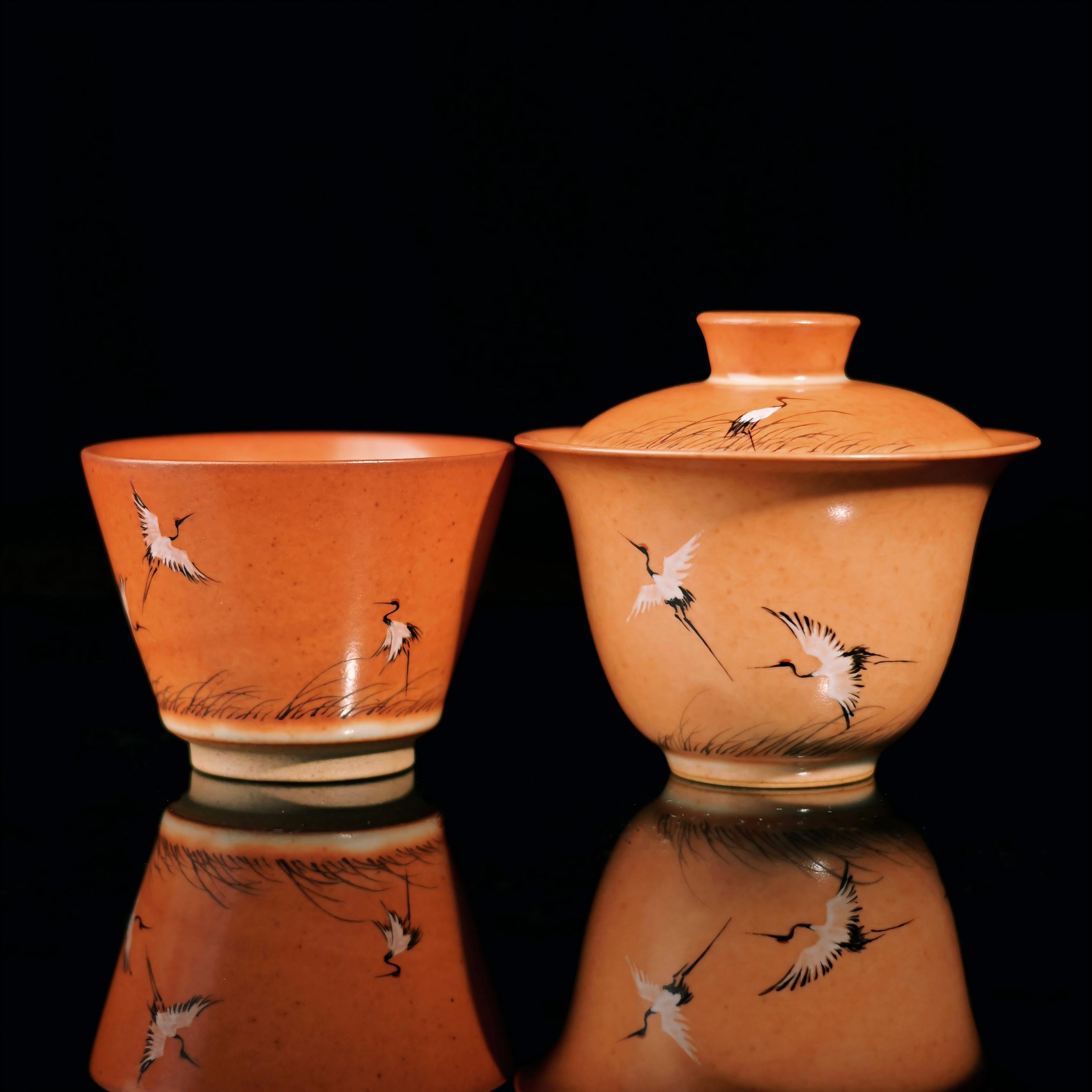 japanese style kohiki cranes painting tea – Shino Ware Hand-Painted Crane Gaiwan Set by Kungfuyang