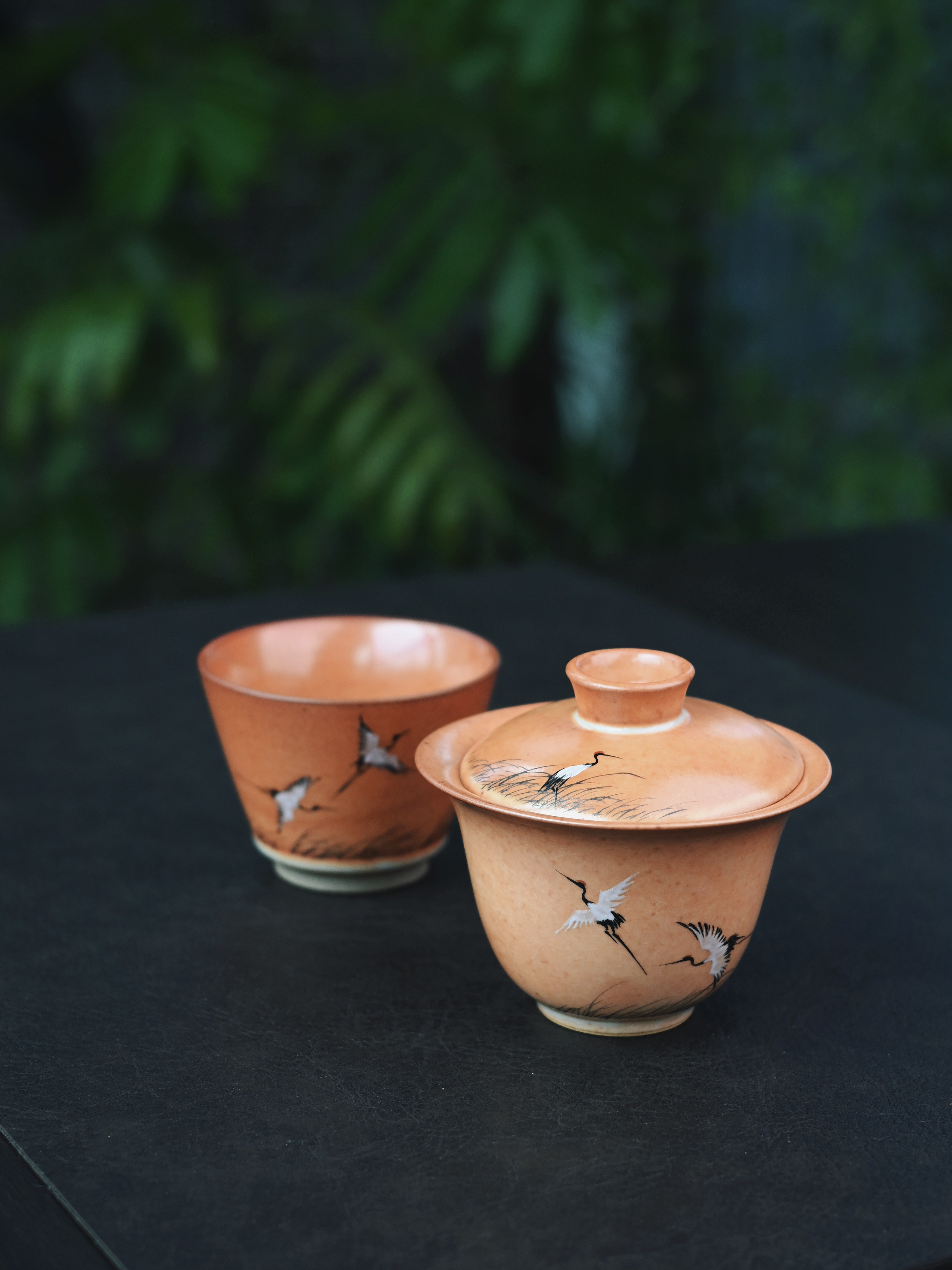 japanese style kohiki gaiwan set – Shino Ware Hand-Painted Crane Gaiwan Set by Kungfuyang