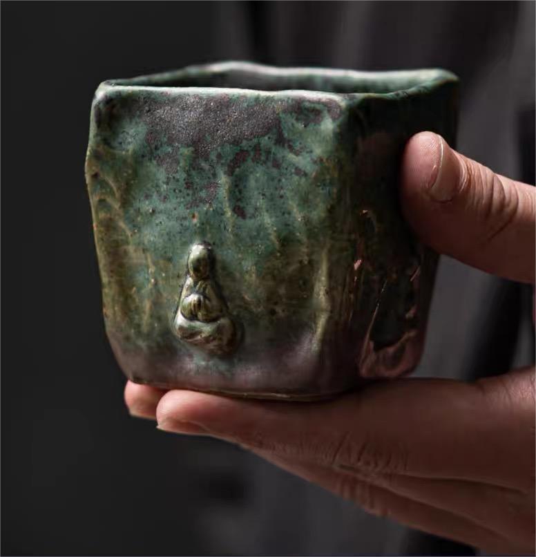 japanese style teacup as gift – Handmade Dunhuang Memory Buddha Bronze Glaze Porcelain Teacup by Kungfuyang