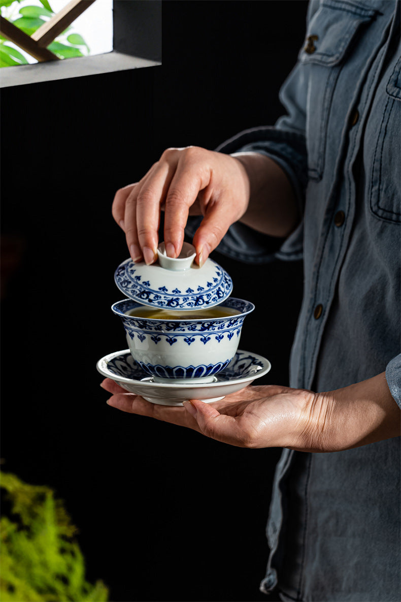jingdezhen blue and white yuanbao gaiwan – Hand-Painted Jingdezhen Blue and White Ceramic Tea Bowl by Kungfuyang