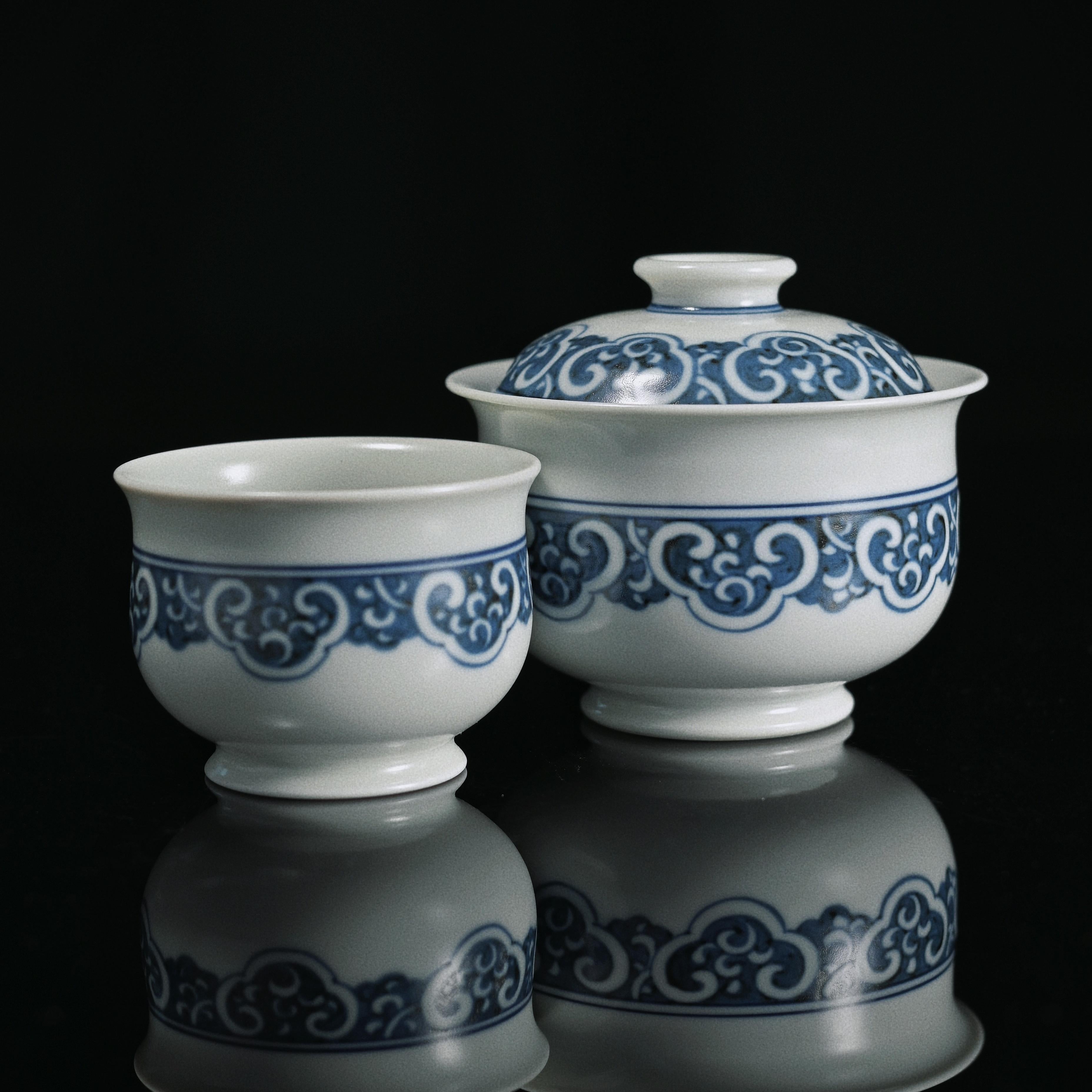 jingdezhen ceramic tea set – Jingdezhen Imperial Blue-and-White Ruyi Gaiwan Set by Kungfuyang
