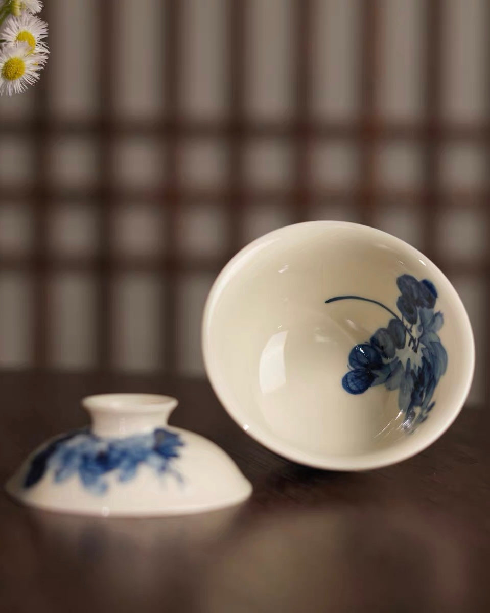 jingdezhen ceramic tea ware collection – Jingdezhen Underglaze Blue-and-White Hand-Painted Peony Gaiwan by Kungfuyang