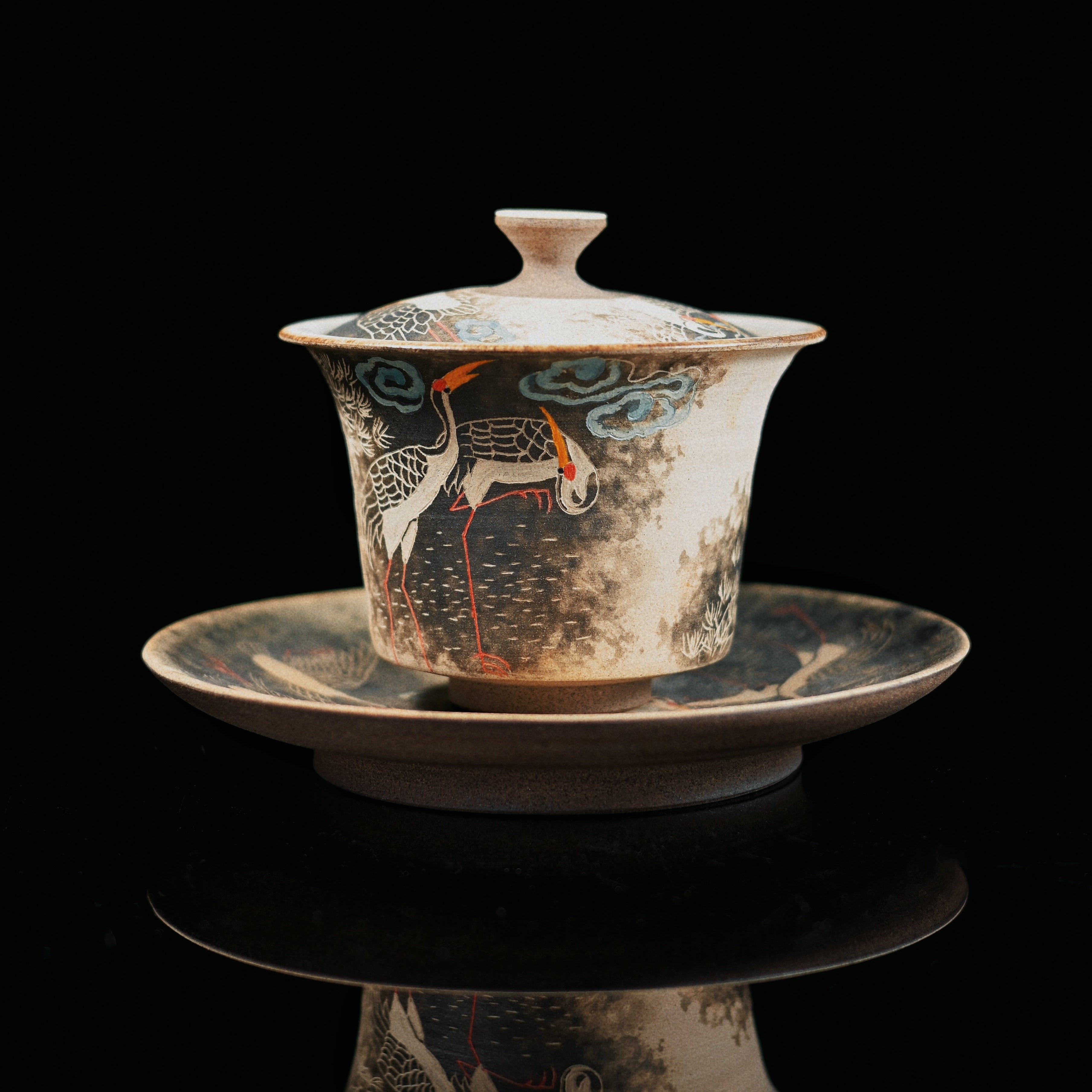 jingdezhen hand carved and hand painted – Jingdezhen Hand-Carved and Hand-Painted Cranes Gaiwan Set by Kungfuyang