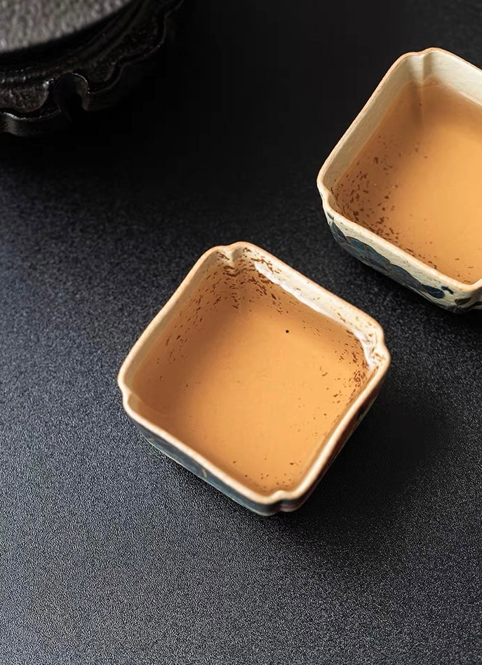 jingdezhen hand made square tea cup – Old Clay Blue-and-White Volcanic Stone Caramel Glaze Square by Kungfuyang