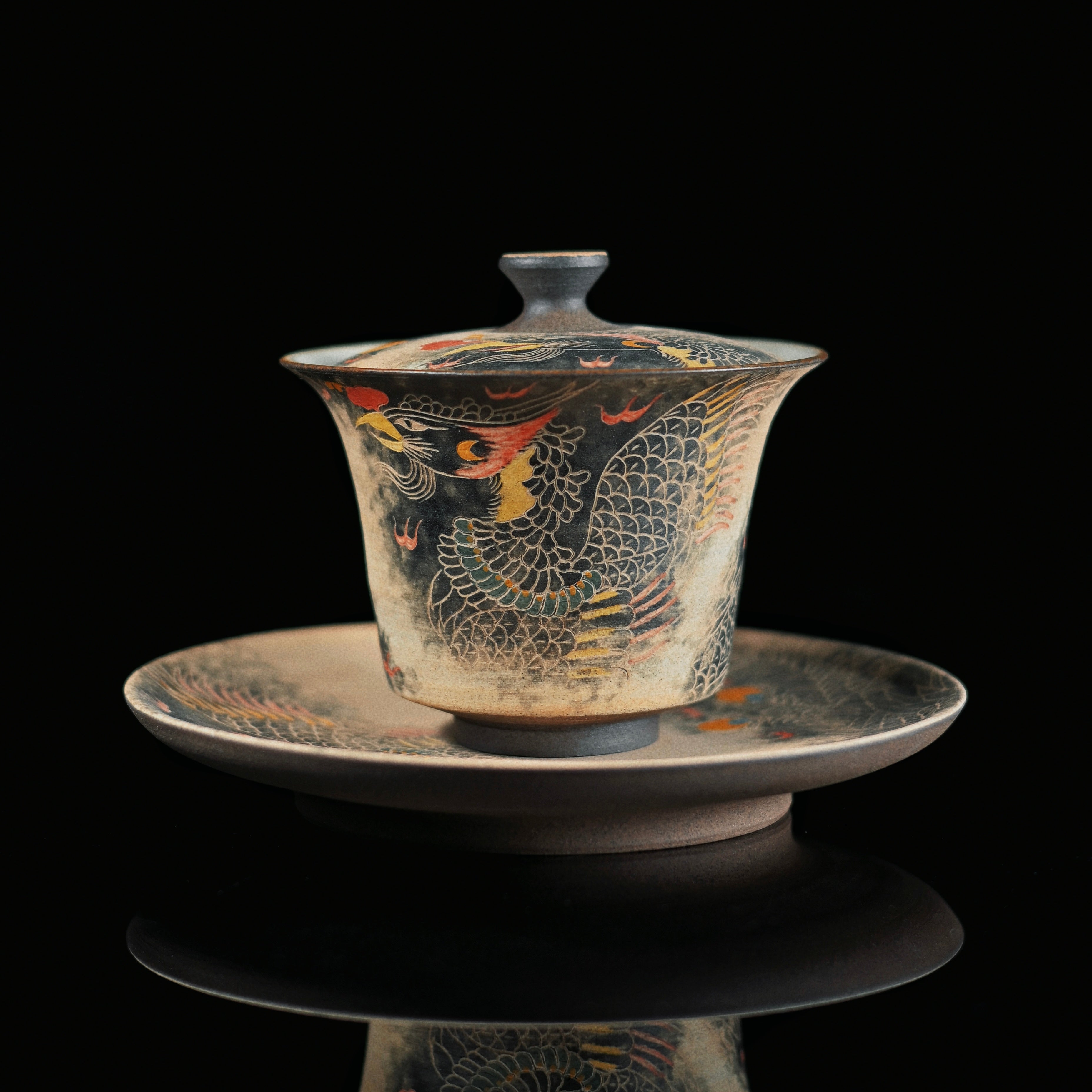 jingdezhen hand painted clay tea bowl – Jingdezhen Phoenix Rising Hand-Painted Clay Gaiwan Set by Kungfuyang