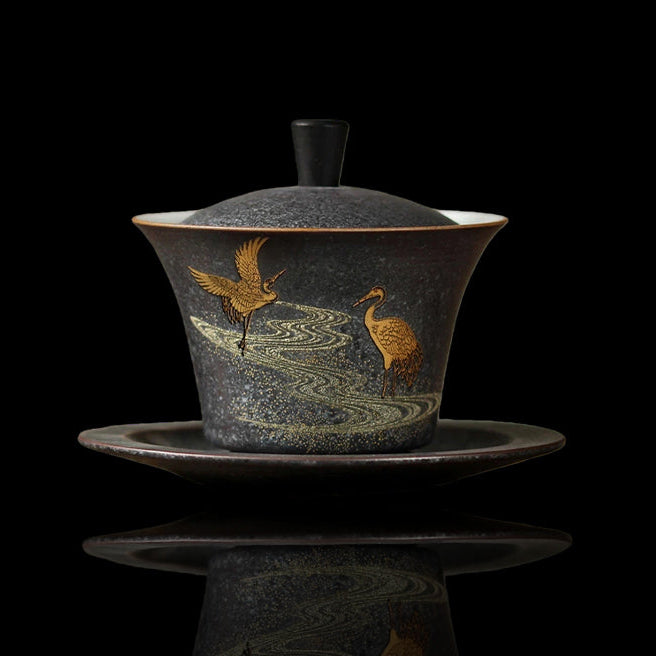 jingdezhen handmade vintage gilded double – Jingdezhen Handmade Vintage Gilded Double Crane Gaiwan by Kungfuyang