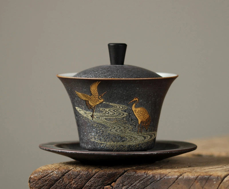 jingdezhen handmade vintage gilded double – Jingdezhen Handmade Vintage Gilded Double Crane Gaiwan by Kungfuyang, view 2-2