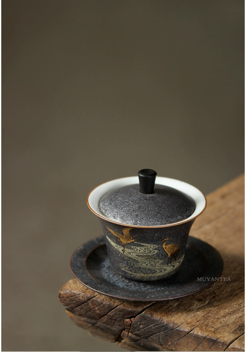 jingdezhen vintage gilded double crane – Jingdezhen Handmade Vintage Gilded Double Crane Gaiwan by Kungfuyang
