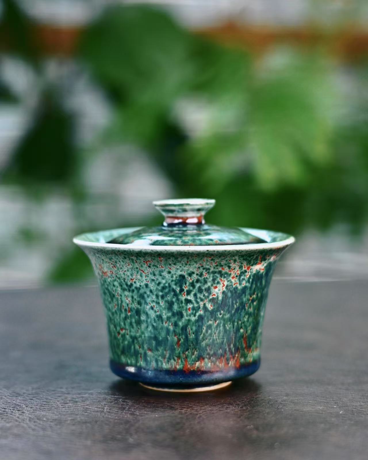 jun ware kiln alchemized glaze tea set – Jun Ware Green Flambé Gaiwan – A Whisper of Enchanted Forests by Kungfuyang