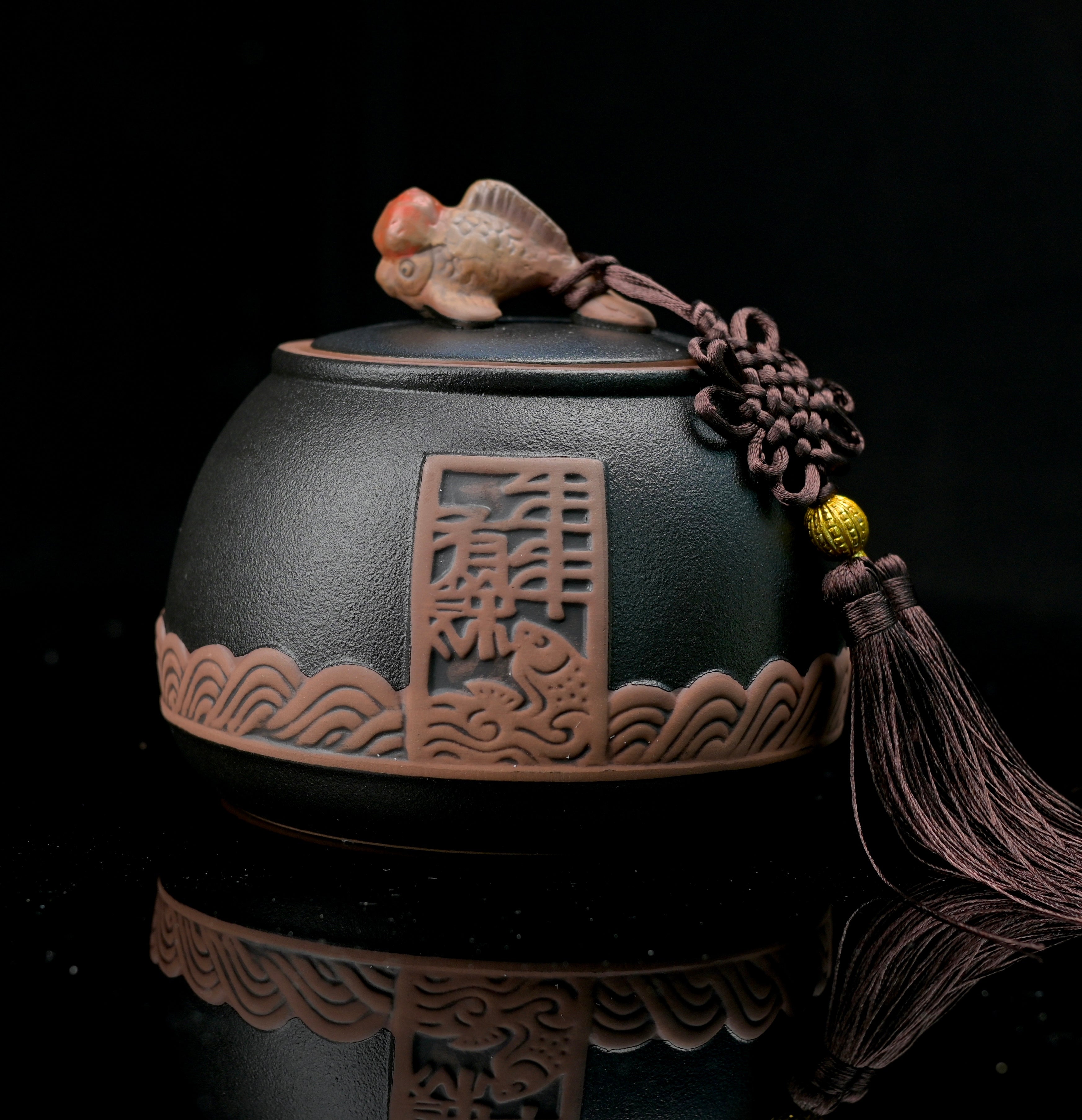 large capacity ceramic tea canister – Chinese Style Retro Coarse Ceramic Tea Canister / Fish Pattern by Kungfuyang
