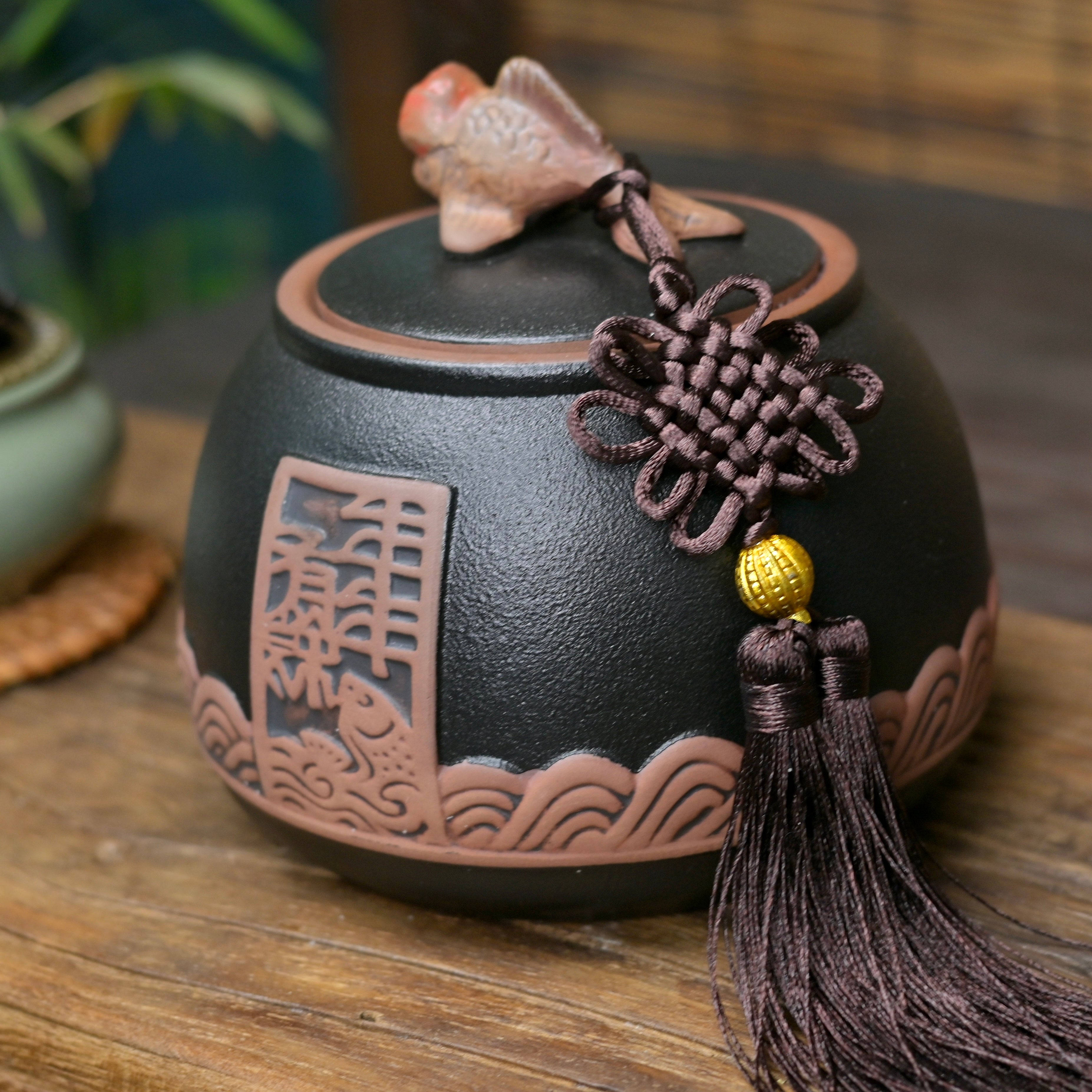 large capacity tea storage container – Chinese Style Retro Coarse Ceramic Tea Canister / Fish Pattern by Kungfuyang