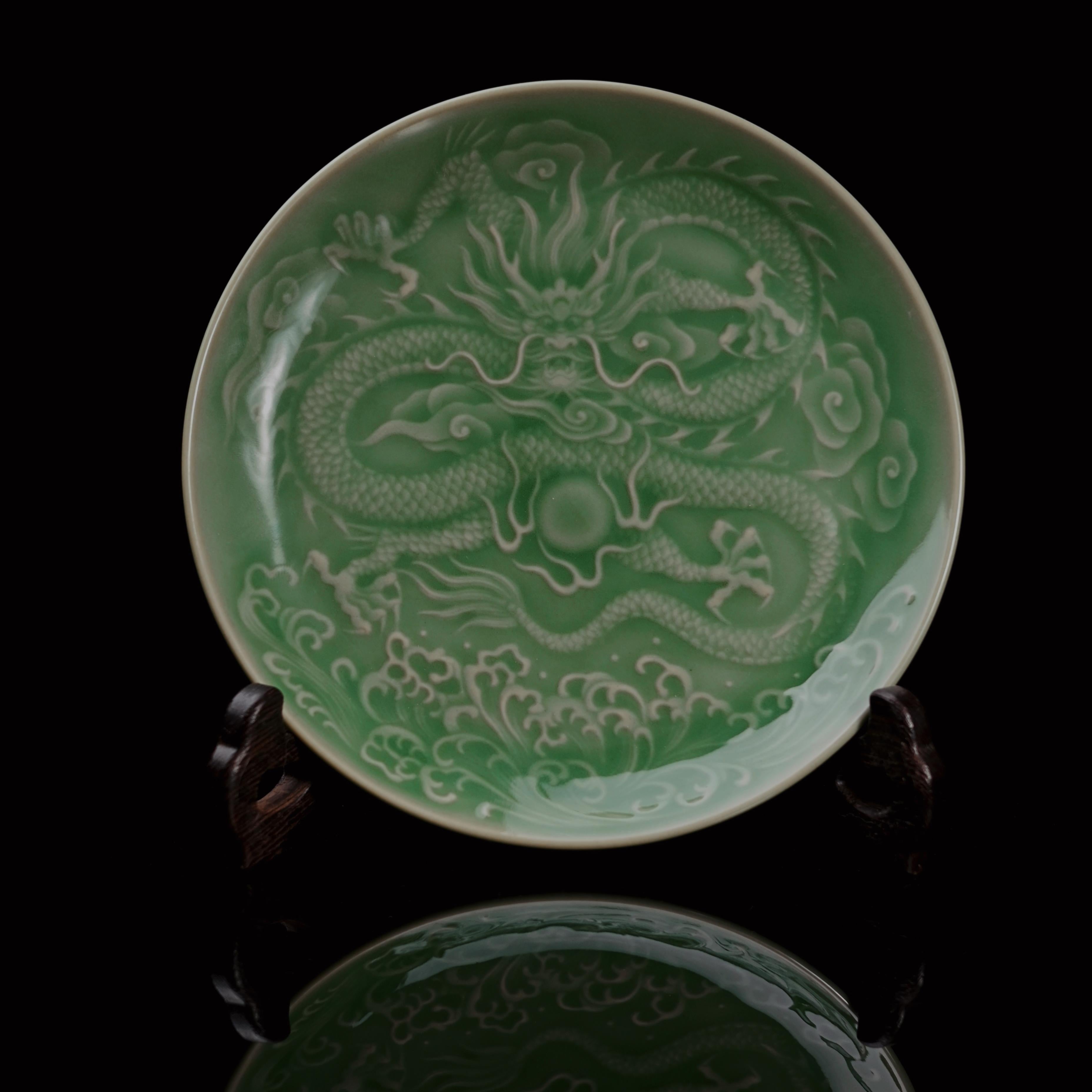 longquan celadon ceramic plate hand carved – Longquan Celadon Relief-Carved Dragon Pattern Tea Tray / Pot by Kungfuyang
