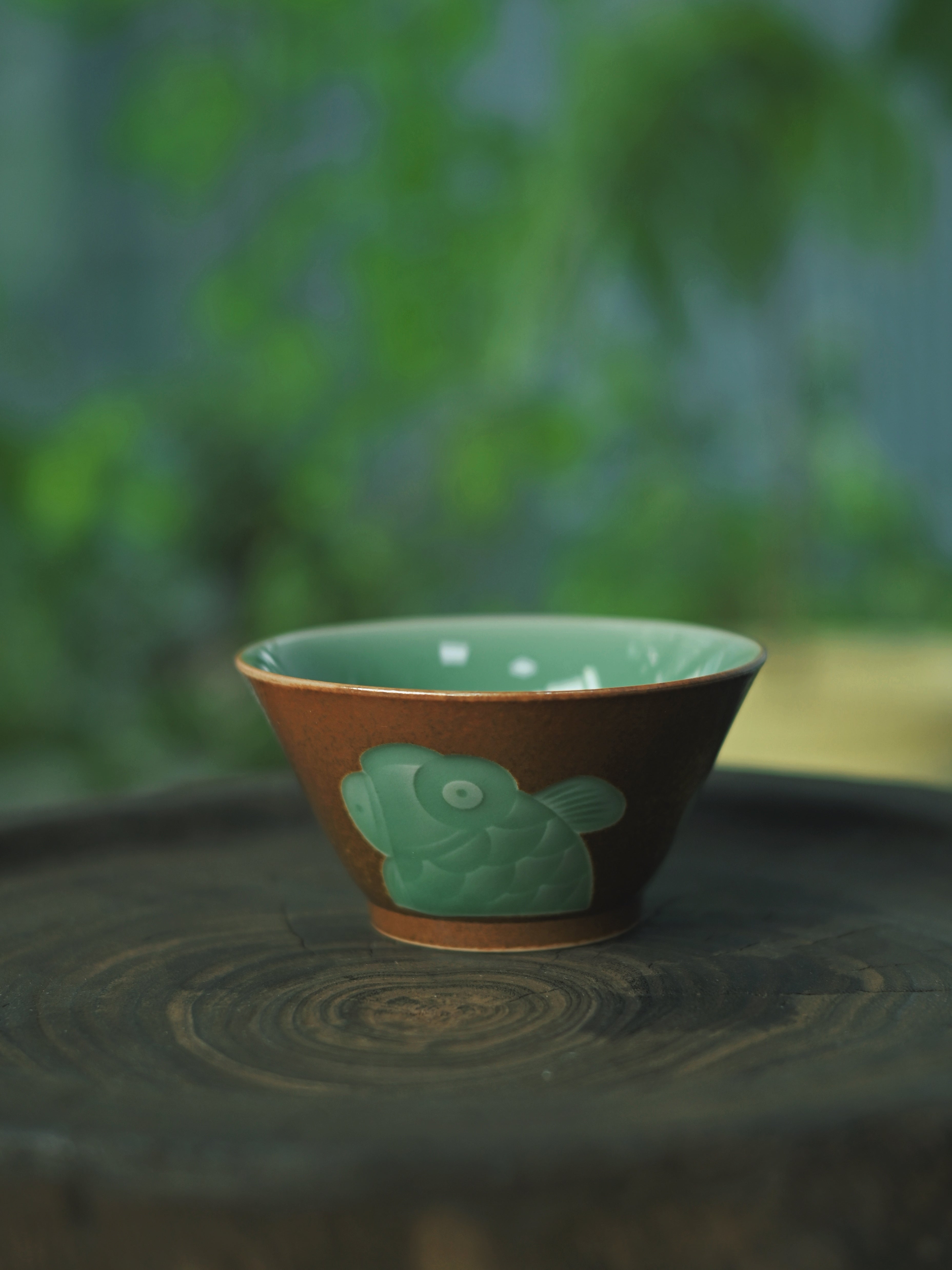 longquan celadon ceramic teacup – Longquan Celadon Ash and Plum Green Glaze Hand-Carved Fish by Kungfuyang