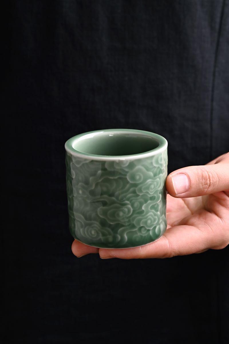 longquan celadon cloud embossed plum green – Longquan Celadon Cloud-Embossed Plum Green Cylinder Cup by Kungfuyang