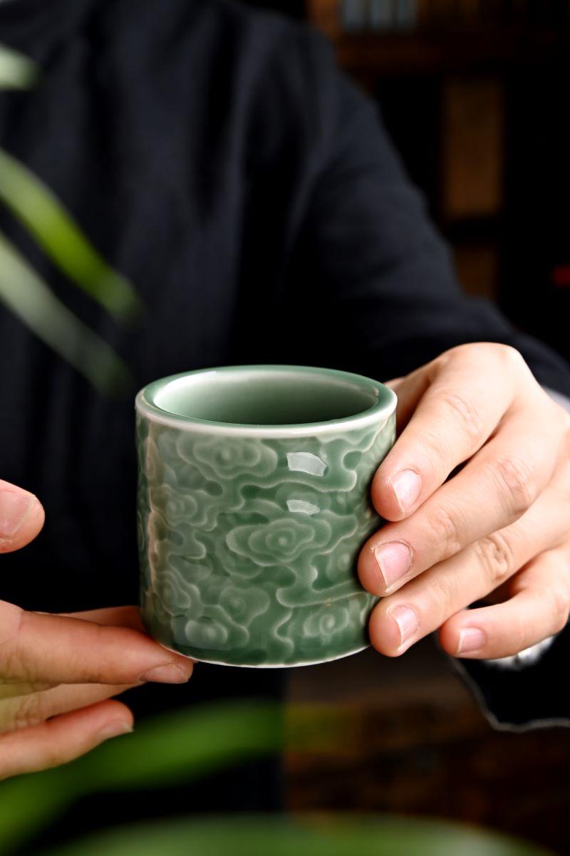 longquan celadon cloud engraved plum green – Longquan Celadon Cloud-Embossed Plum Green Cylinder Cup by Kungfuyang