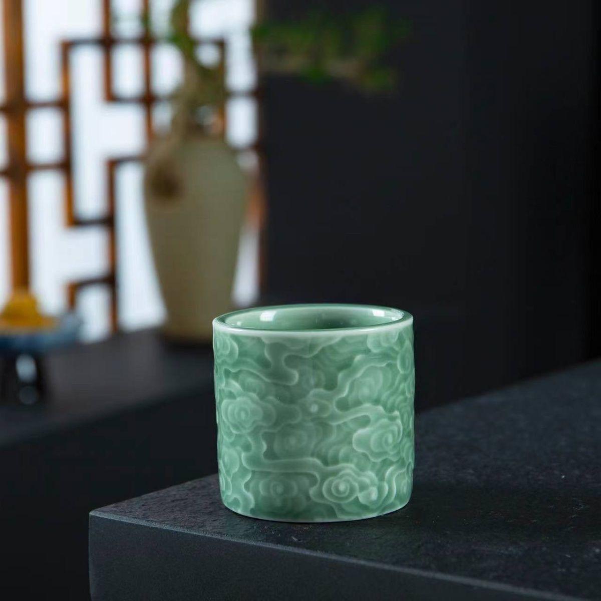 longquan celadon cloud pattern plum green – Longquan Celadon Cloud-Embossed Plum Green Cylinder Cup by Kungfuyang