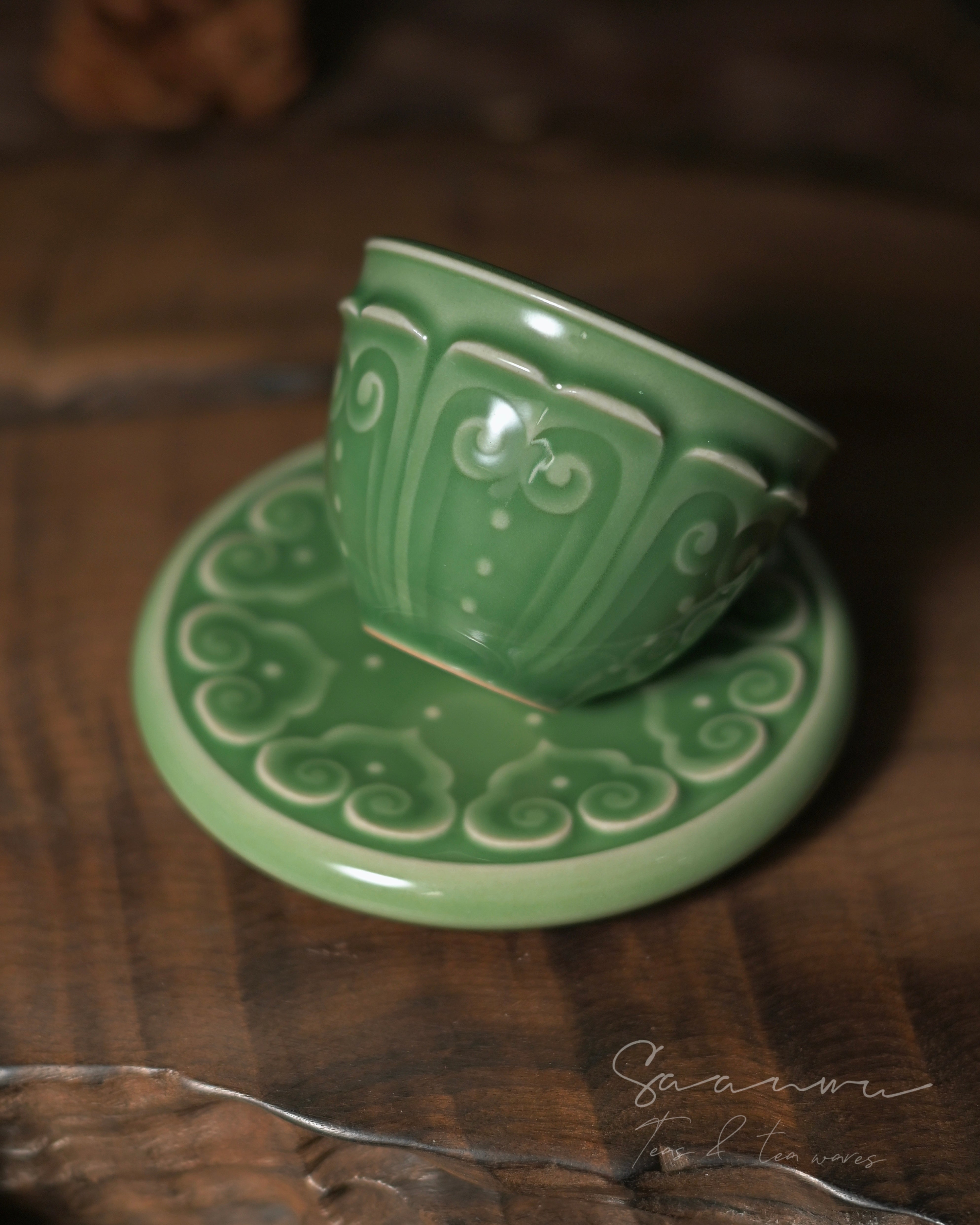 longquan celadon cup hand carved – Longquan Celadon Plum Green Glaze Baoxiang Teacup Set 80ml by Kungfuyang