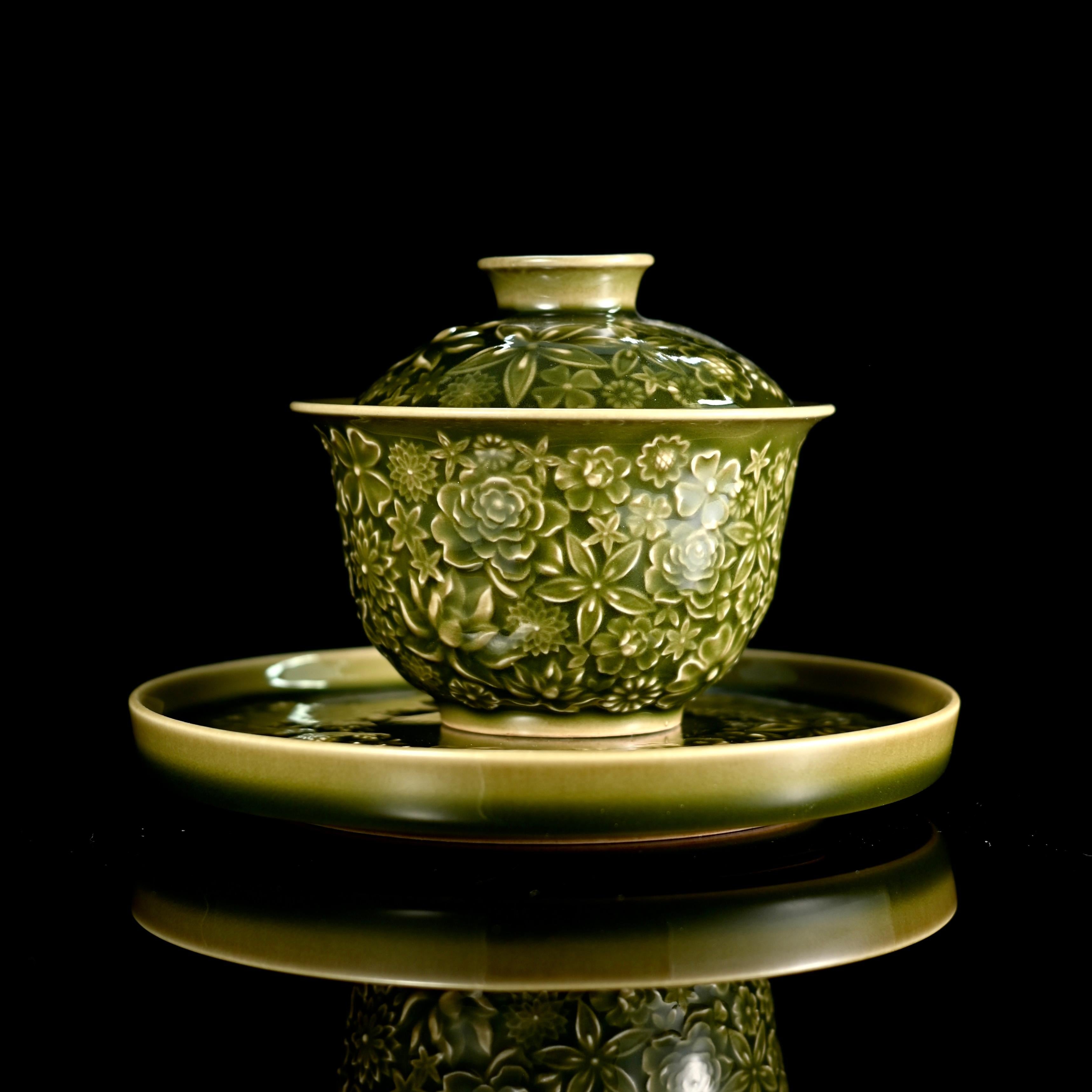 longquan celadon green glaze gaiwan – Longquan Celadon "Hundred Flowers" Relief-Carved Three-Piece by Kungfuyang