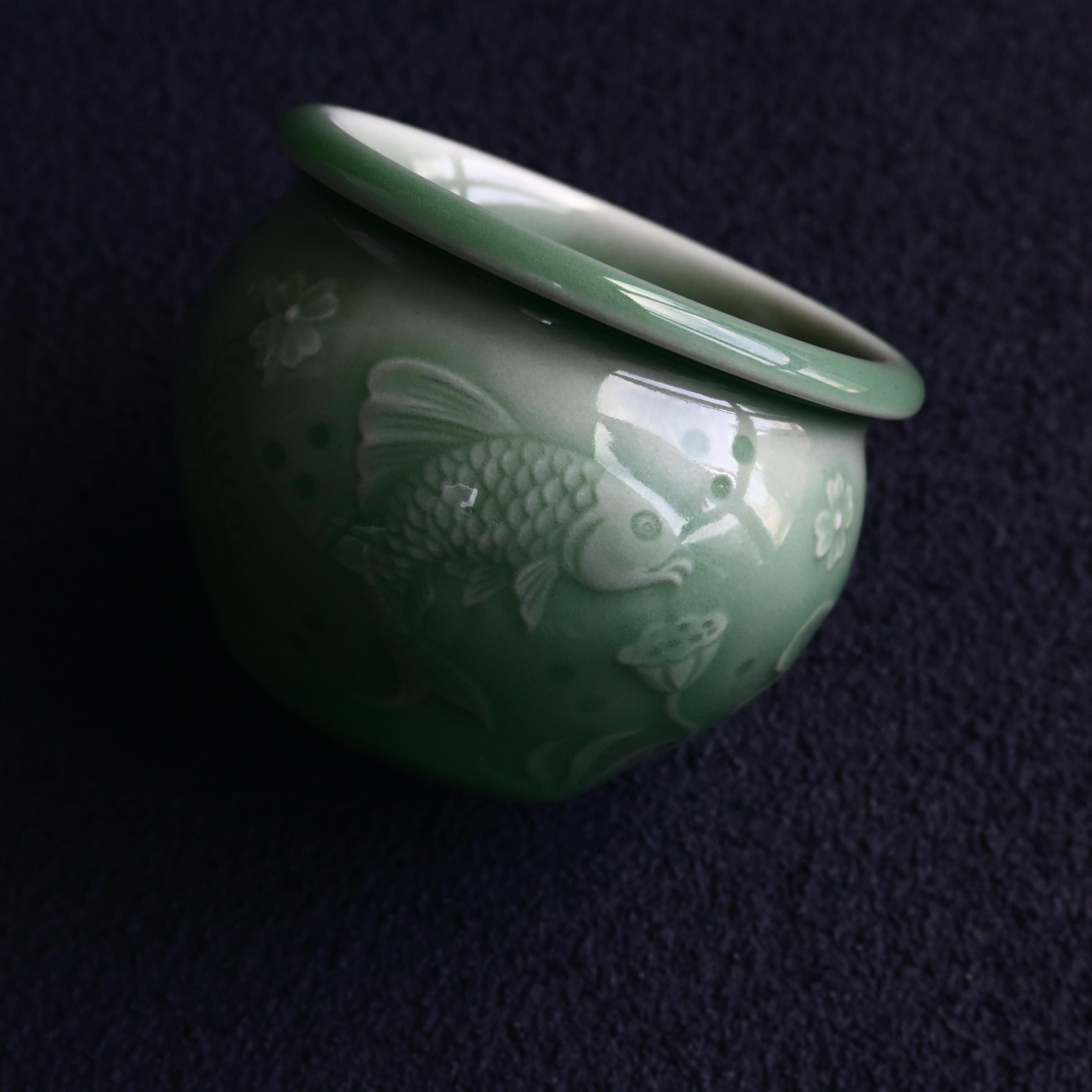 longquan celadon hand carved teacup – Longquan Celadon Plum Green Hand-Carved Fish and Algae Pattern by Kungfuyang