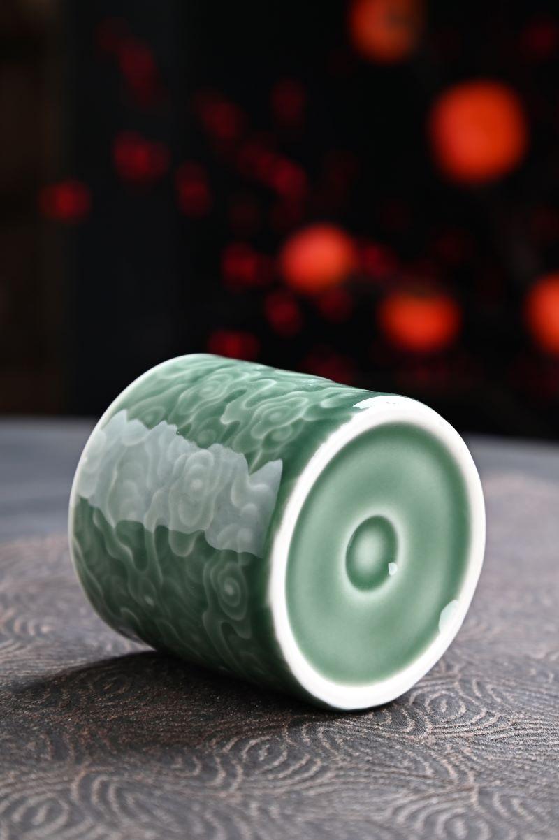 longquan celadon handmade cloud embossed – Longquan Celadon Cloud-Embossed Plum Green Cylinder Cup by Kungfuyang