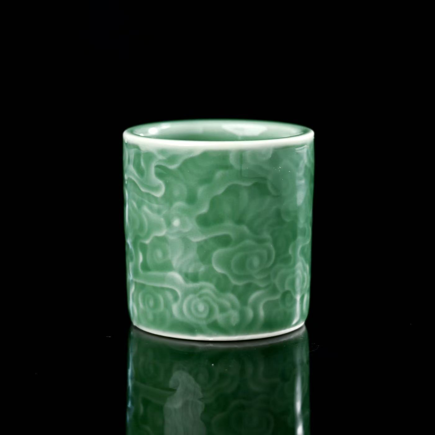 longquan celadon plum green cloud relief – Longquan Celadon Cloud-Embossed Plum Green Cylinder Cup by Kungfuyang