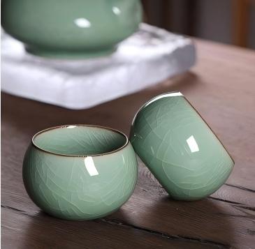 longquan celadon plum green tea set – 3pcs in 1 Handmade Ge kiln Celadon Iron Clay Tea Set by Kungfuyang