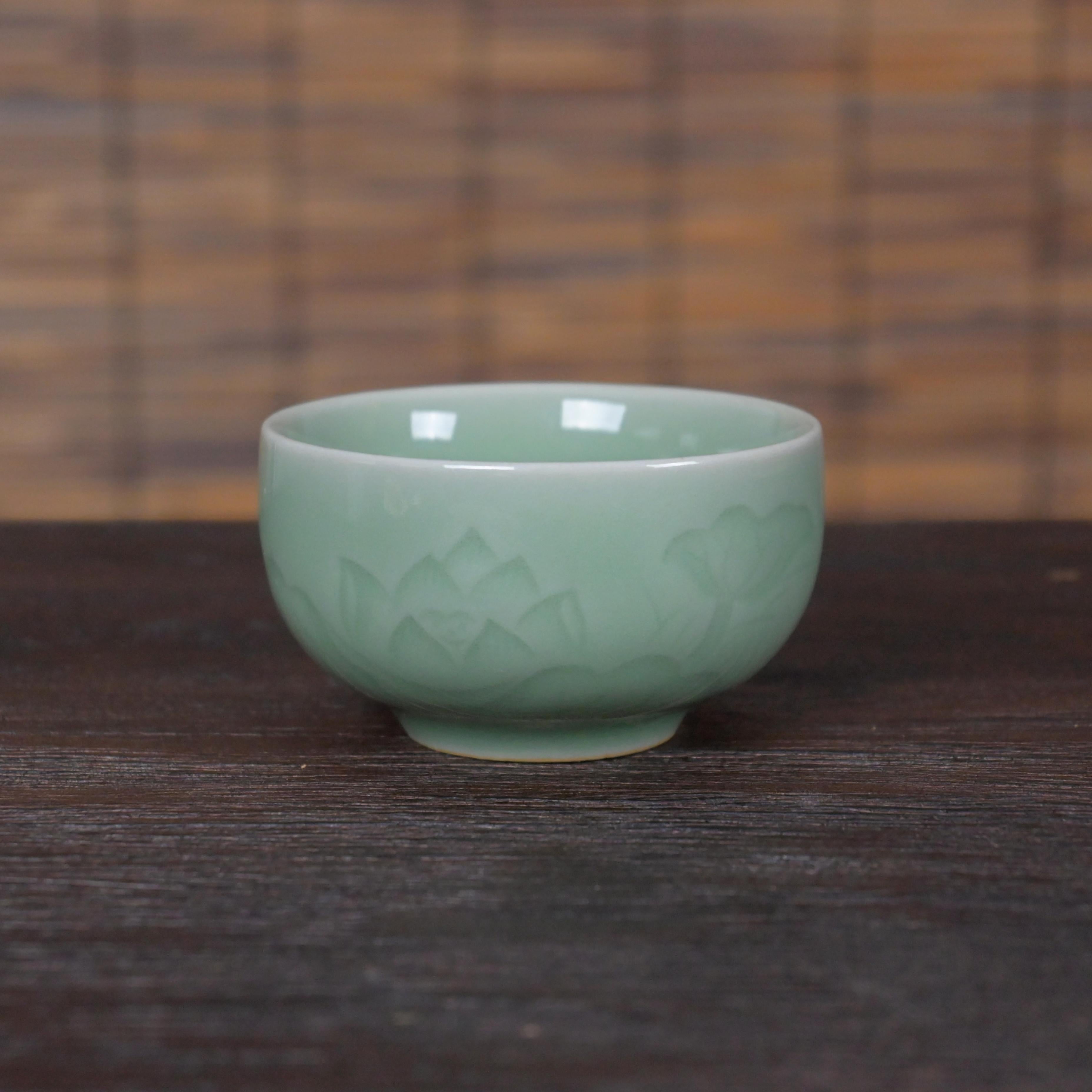 longquan celadon plum green teacup – Longquan Celadon Lotus Pattern Plum-green Teacup by Kungfuyang