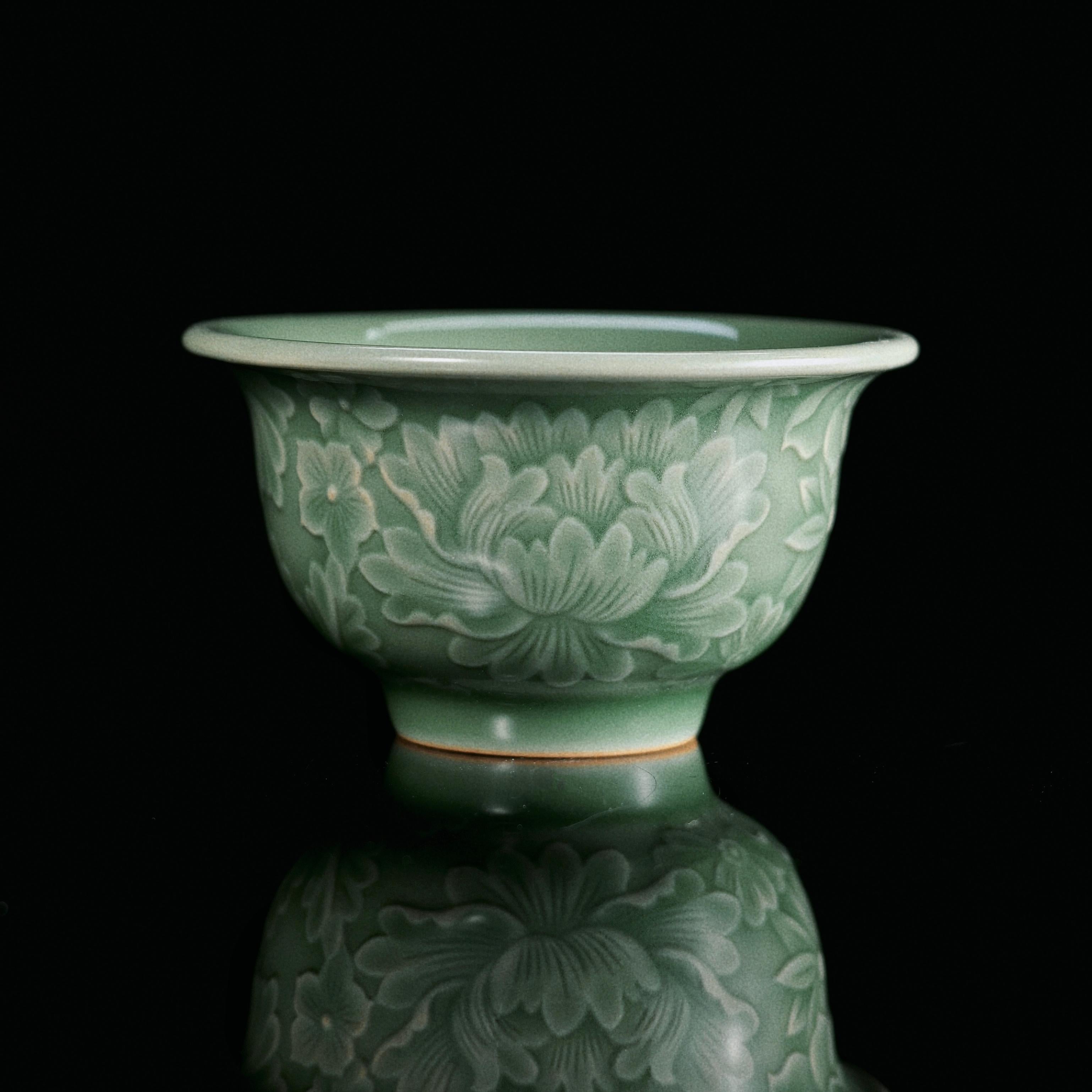 longquan celadon press hand cup – Longquan Celadon Plum-Green Relief-Carved Flowers Press Hand by Kungfuyang