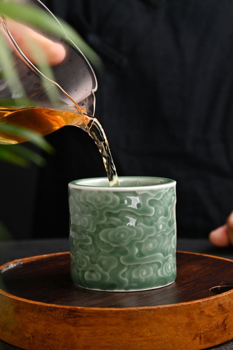 longquan celadon relief cloud plum green – Longquan Celadon Cloud-Embossed Plum Green Cylinder Cup by Kungfuyang