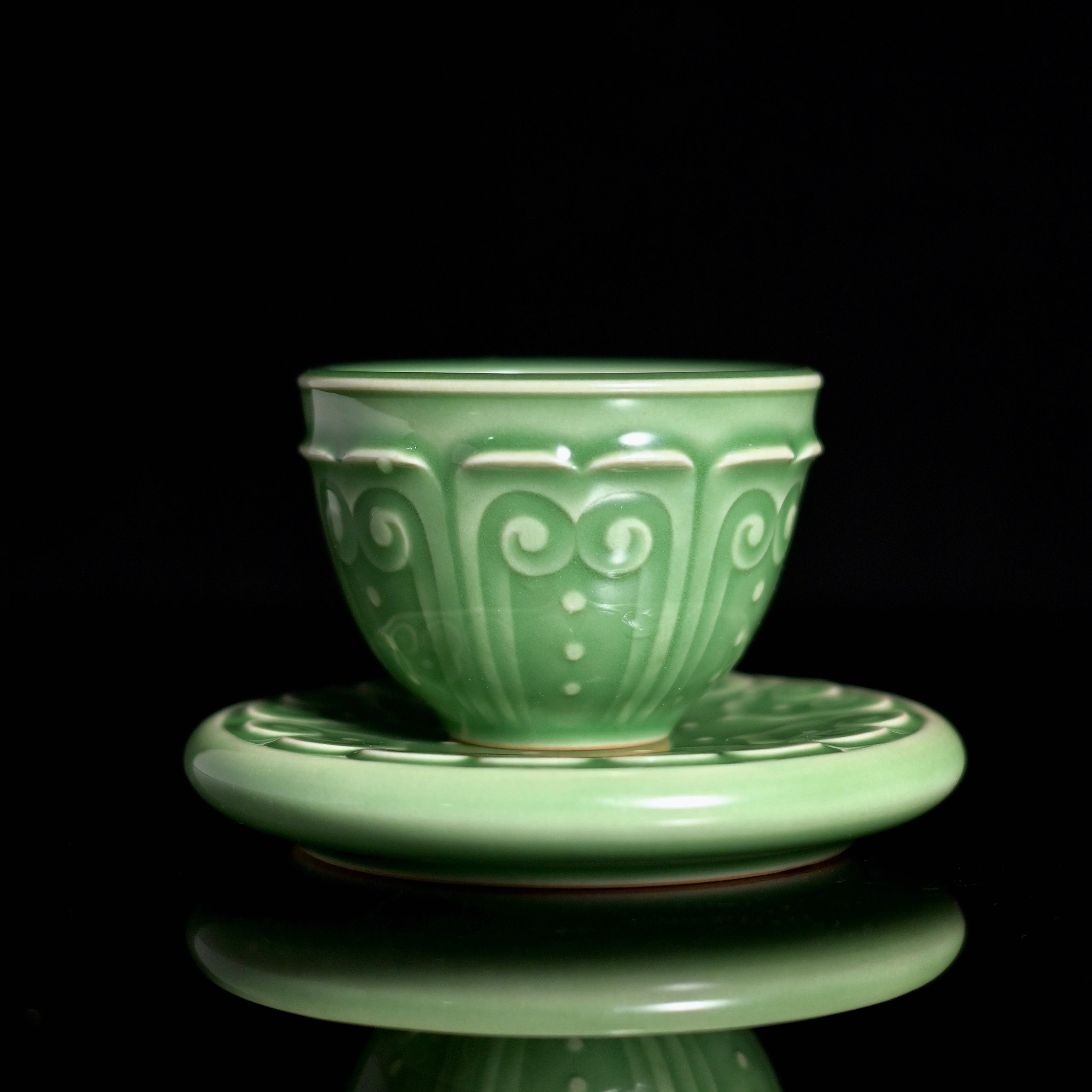 longquan celadon teacup saucer set – Longquan Celadon Plum Green Glaze Baoxiang Teacup Set 80ml by Kungfuyang