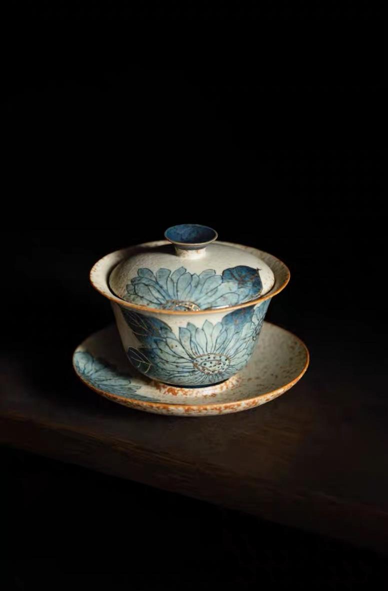 lotus Design Tea Bowl – Retro Hand-Painted Lotus Design Caramel Glaze Vintage Tea Bowl by Kungfuyang