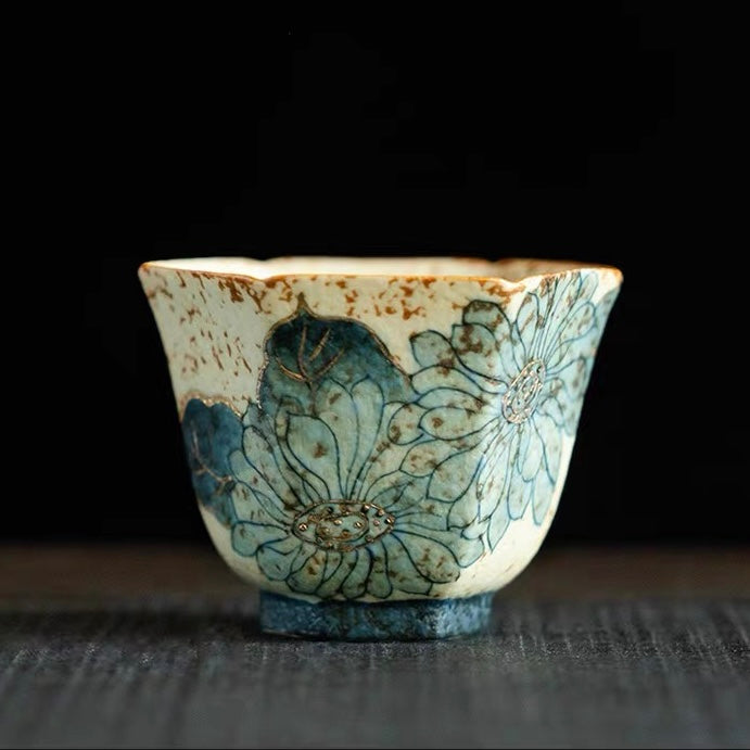 lotus Design Teacup – Old Clay Blue-and-White Volcanic Stone Caramel Glaze Teacup by Kungfuyang