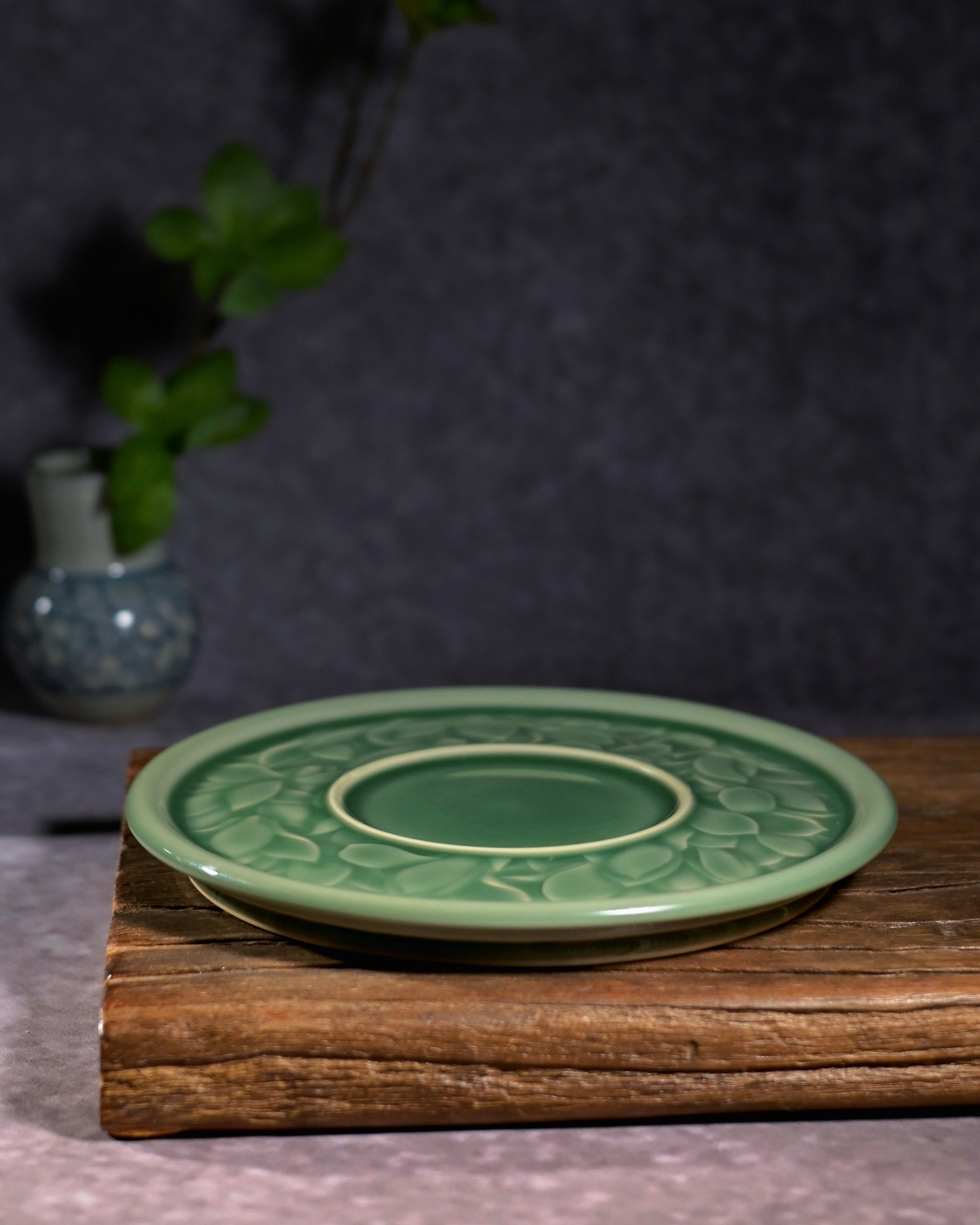 luxury green celadon tea plate – Longquan Celadon Plum-Green Magnolia Teapot Tray by Kungfuyang