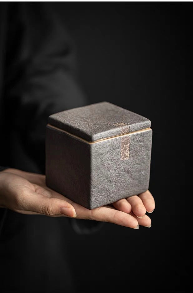 minimalist unglazed tea container – Retro Pottery Square Tea Canister Made of Raw Clay by Kungfuyang