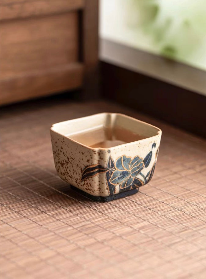 narcissus pattern tea cup – Old Clay Blue-and-White Volcanic Stone Caramel Glaze Square by Kungfuyang