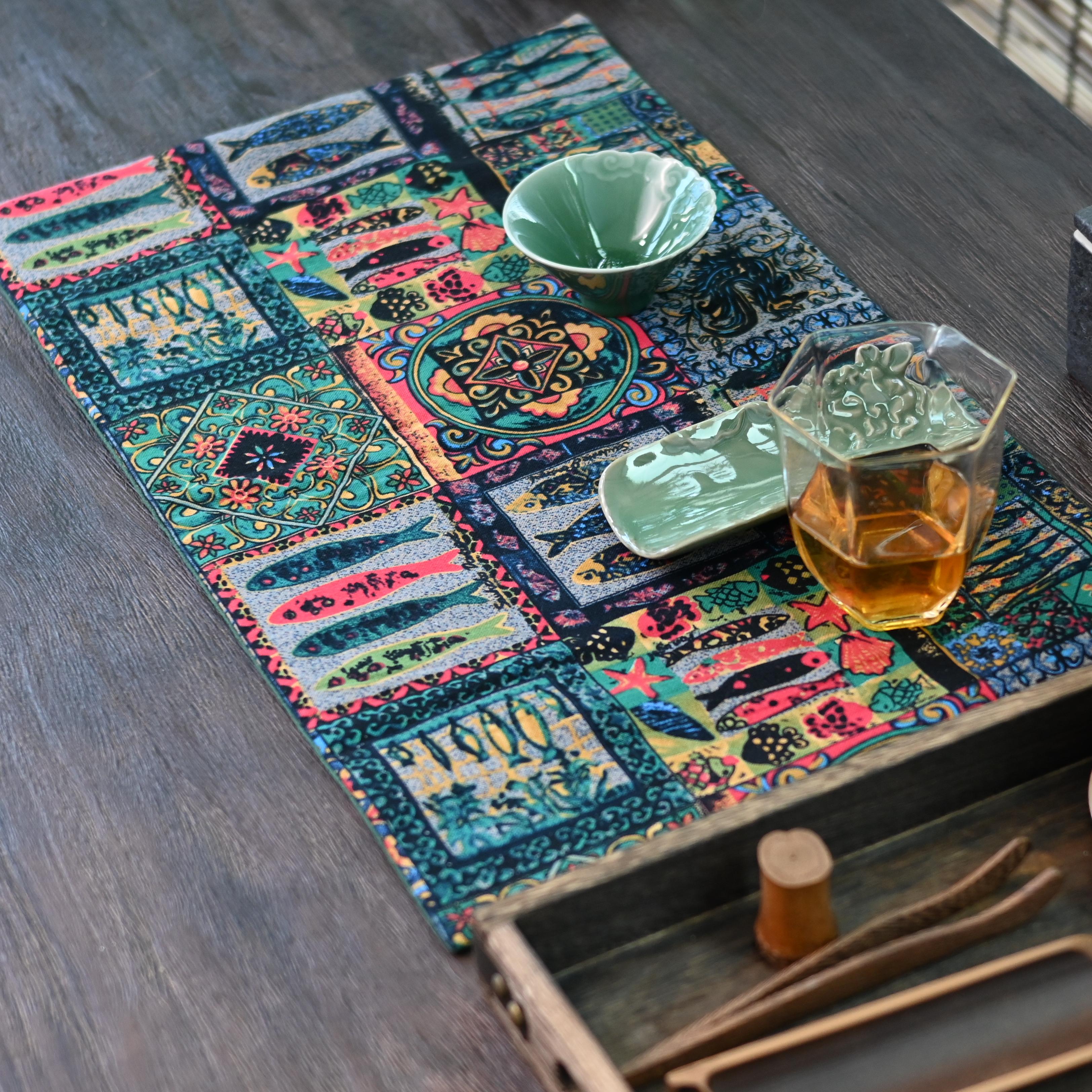 nordic style tea table cloth – Cotton and Linen Printed Absorbent Retro Tablecloth Teamat by Kungfuyang