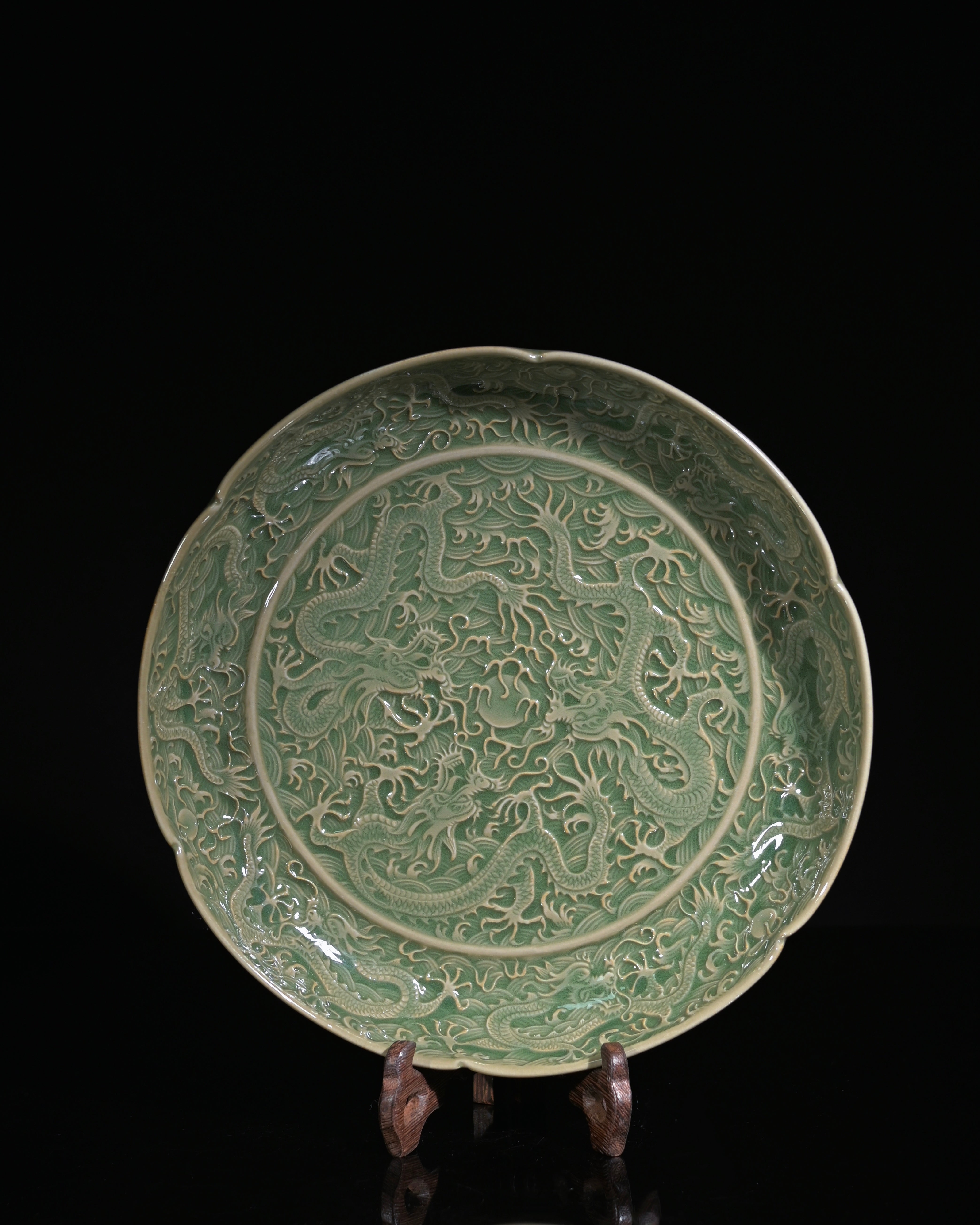 northern song carved celadon dish – Celadon Yaozhou Olive-Green Glaze Nine Dragons Plate by Kungfuyang