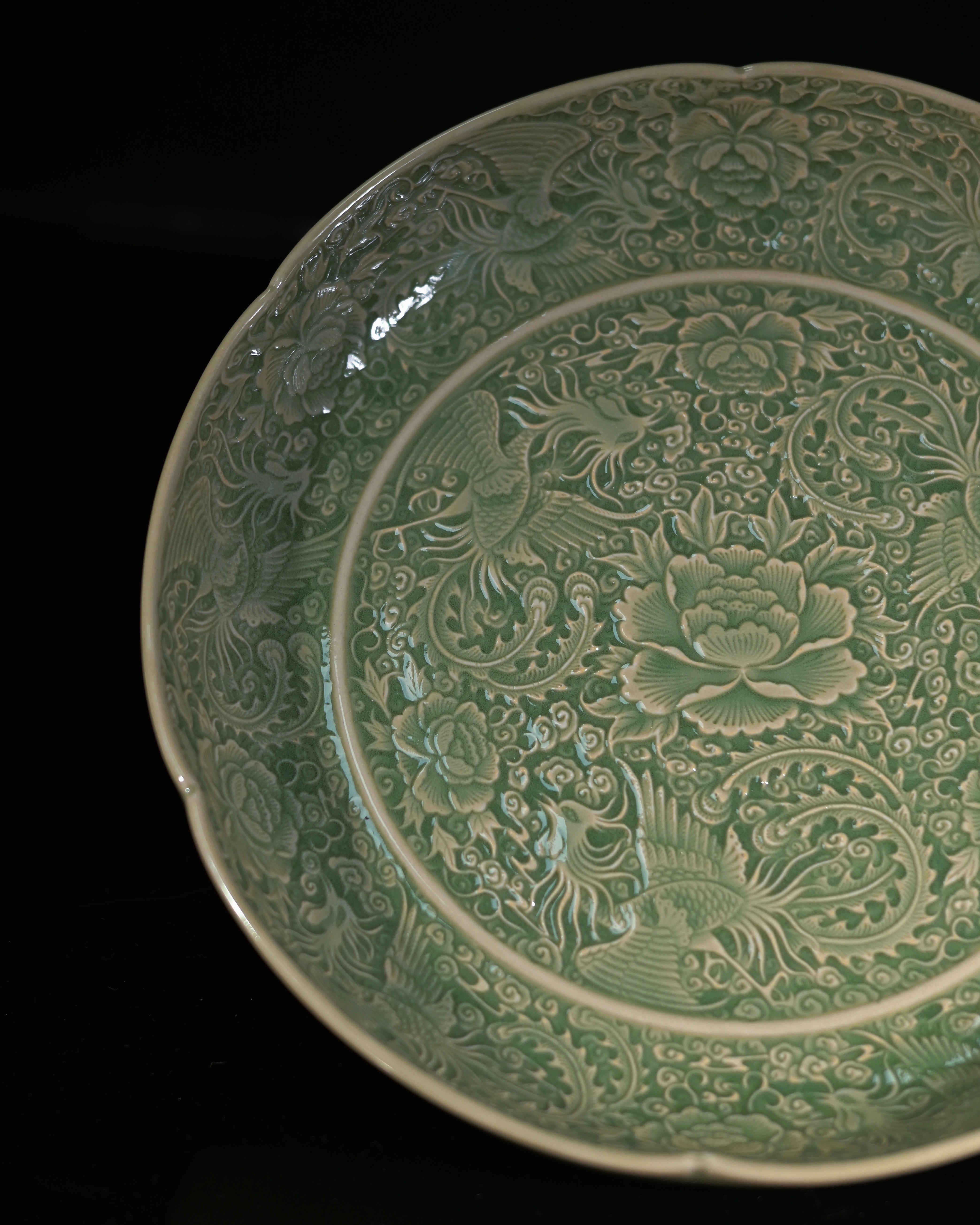 olive green carved celadon dish – Celadon Yaozhou Olive-Green Glaze Nine Phoenixes Plate by Kungfuyang