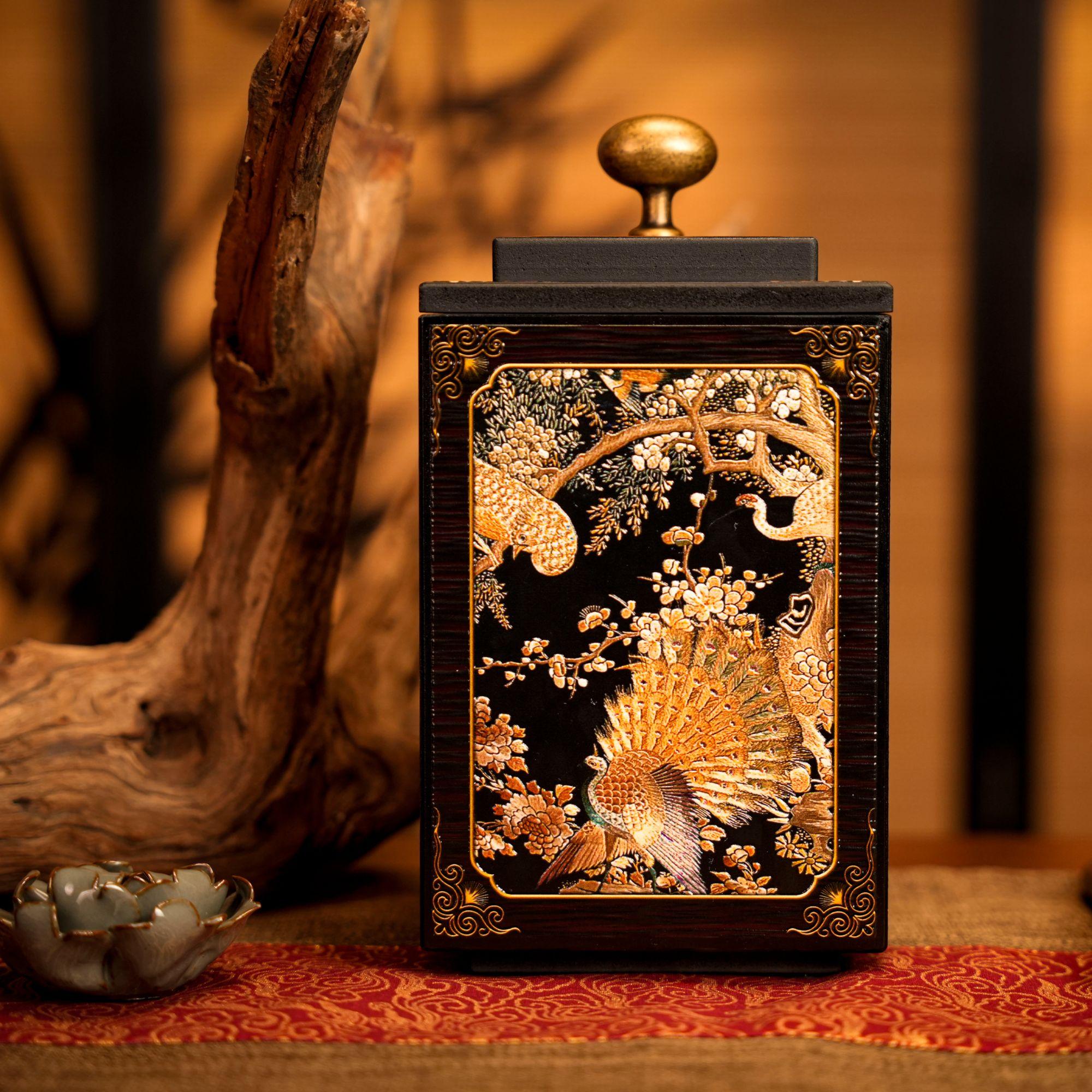 oriental tea leaf storage jar – Retro 'Hundred Birds Worshipping Phoenix' Tea Caddy by Kungfuyang