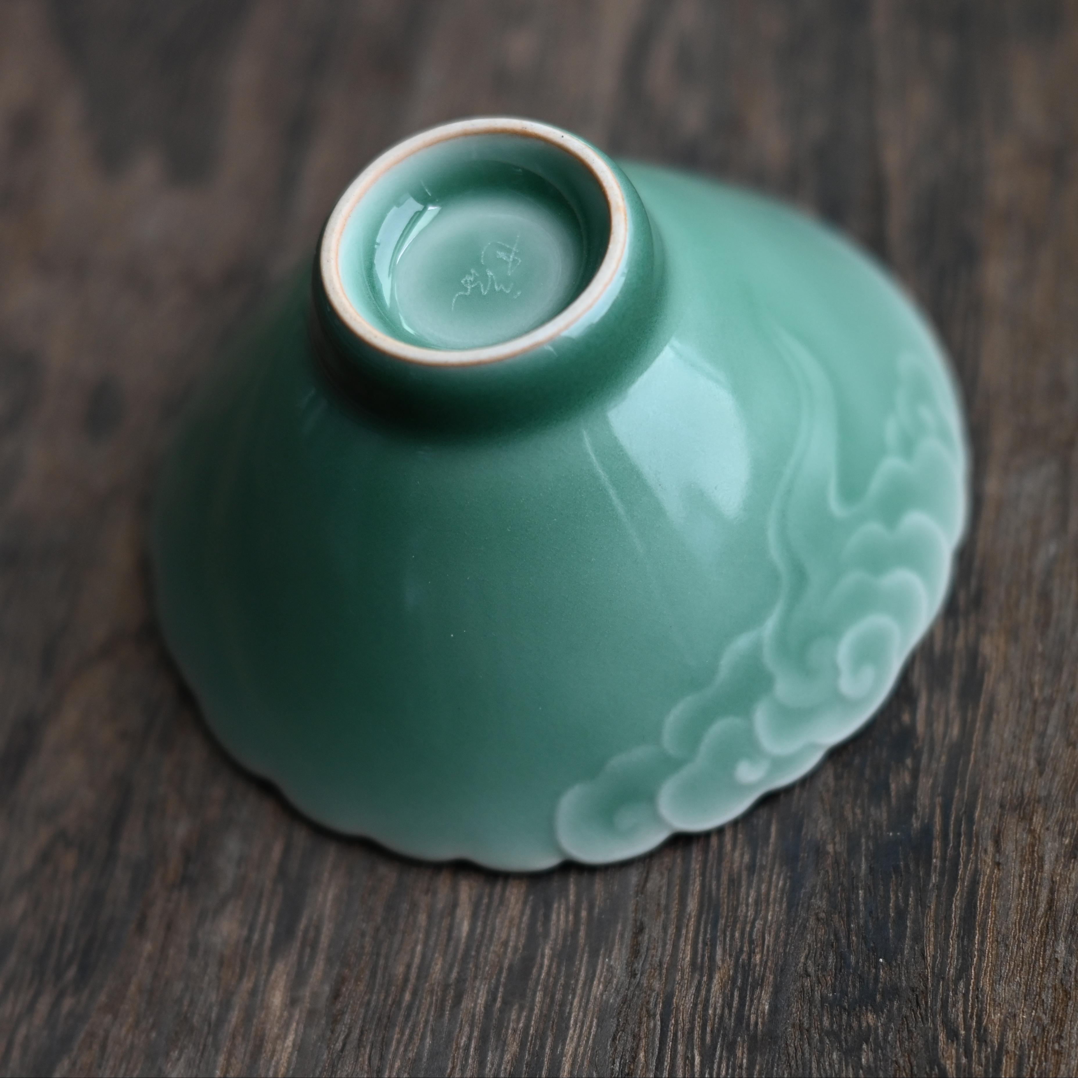 plum celadon 3d tea bowl – Longquan Celadon Embossed Cloud Patterns Teacup by Kungfuyang