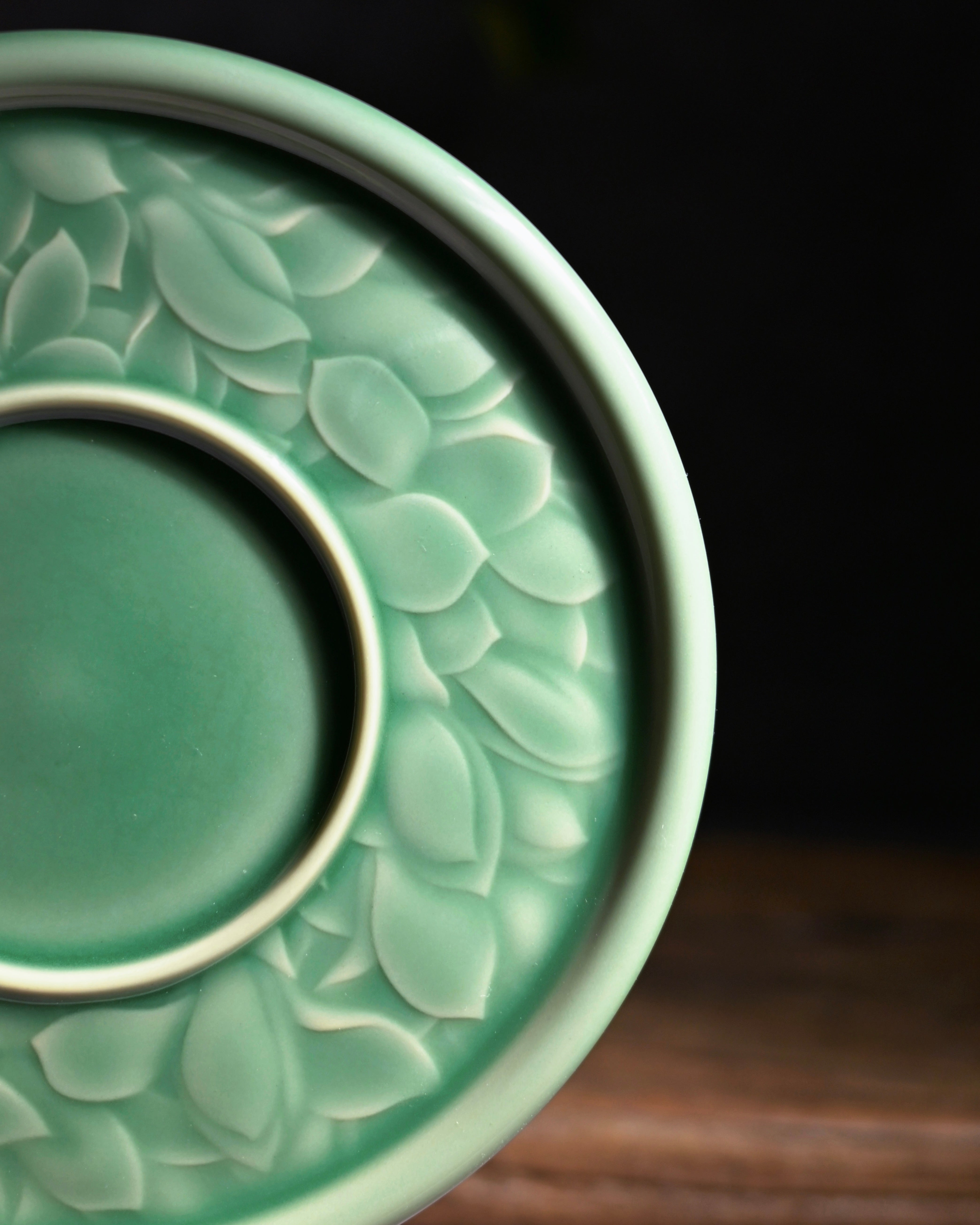 plum green celadon pot base chinese tea – Longquan Celadon Plum-Green Magnolia Teapot Tray by Kungfuyang