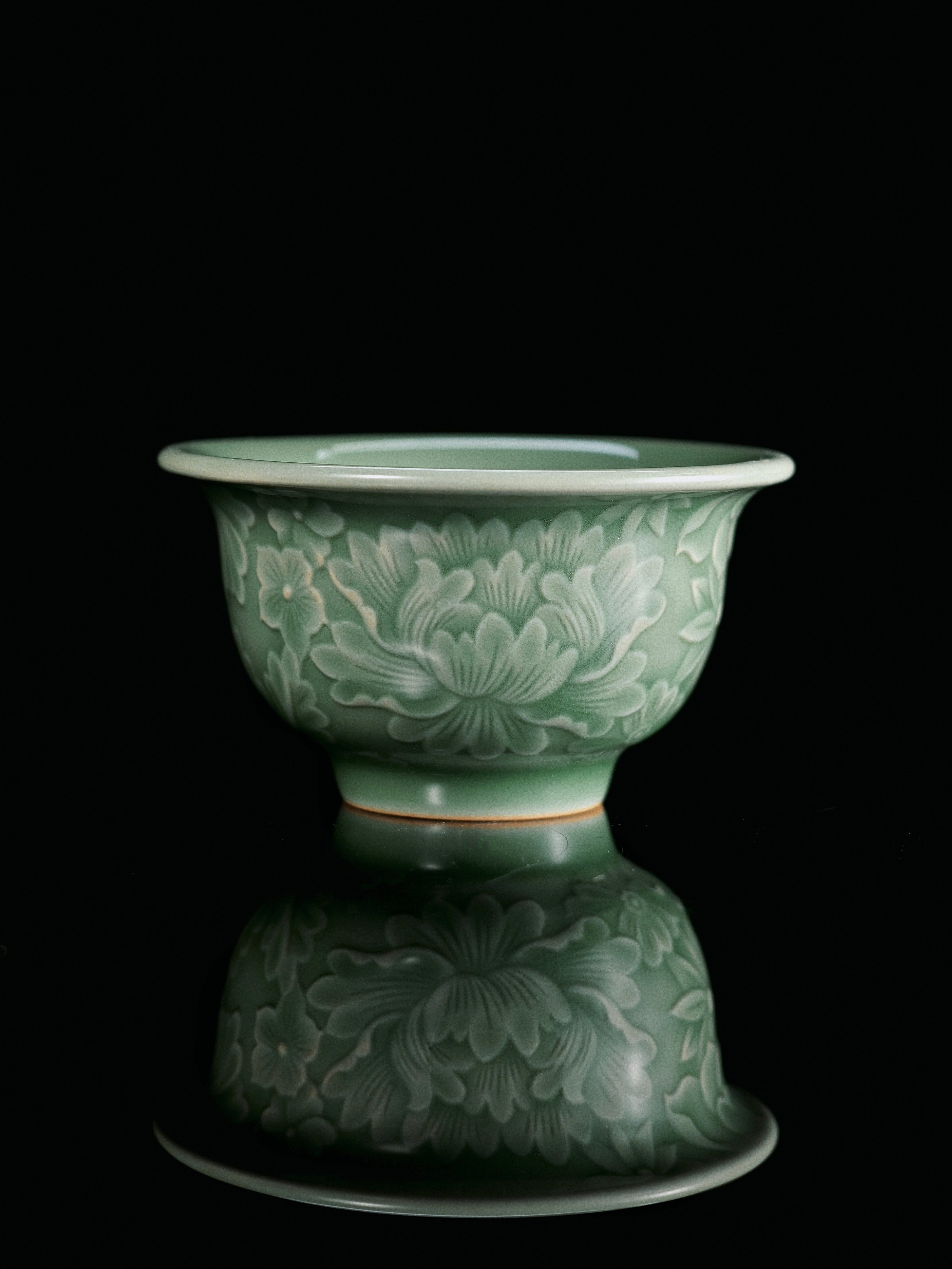plum green floral teacup – Longquan Celadon Plum-Green Relief-Carved Flowers Press Hand by Kungfuyang