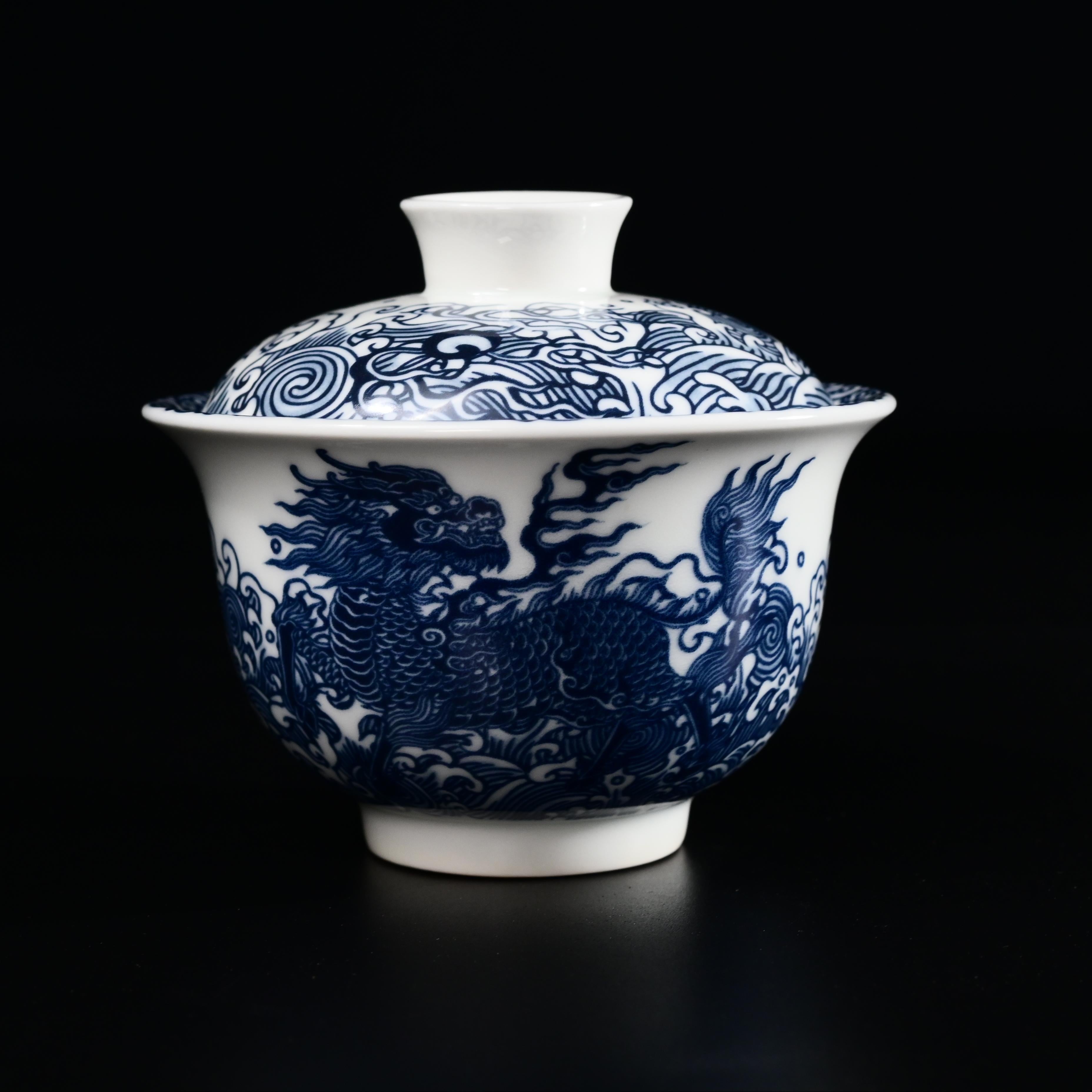 qilin pattern tea bowl – Jingdezhen Blue and White Tea Bowl with Qilin Design by Kungfuyang