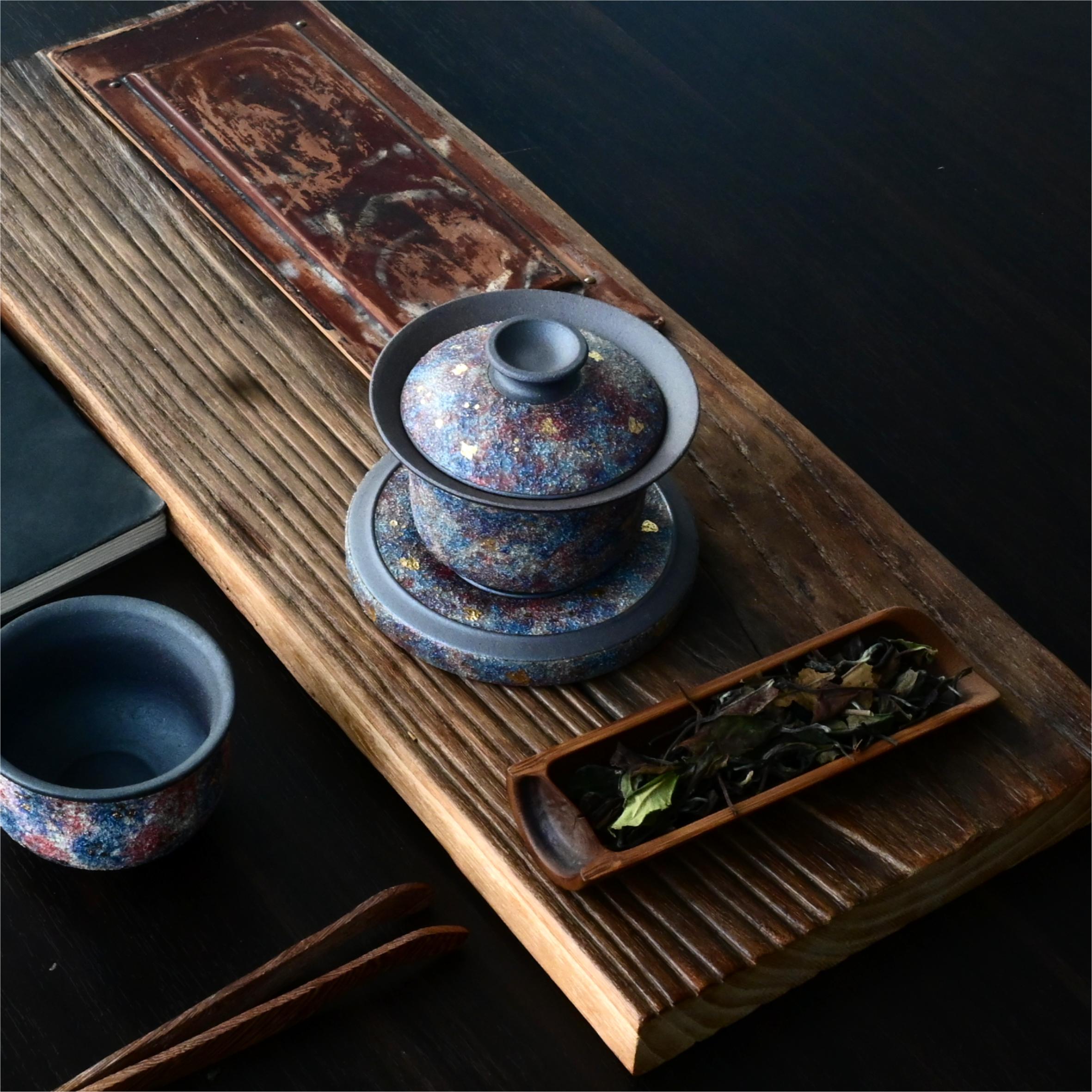 raw ore yixing zisha clay gaiwan – Purple Clay Conbined with Rock Mineral Colorful Gold Detailing by Kungfuyang