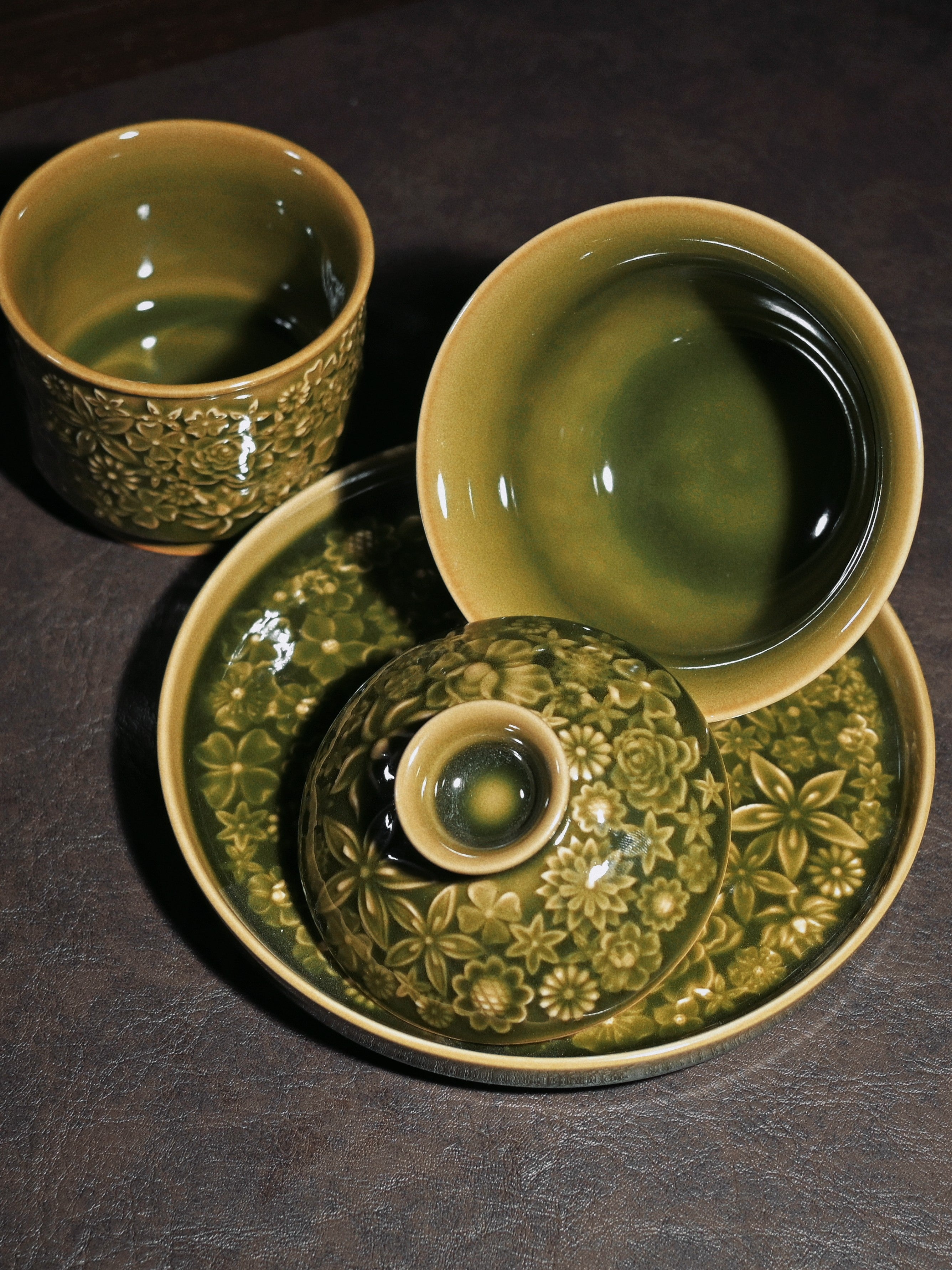 relief carving celadon gaiwan – Longquan Celadon "Hundred Flowers" Relief-Carved Three-Piece by Kungfuyang