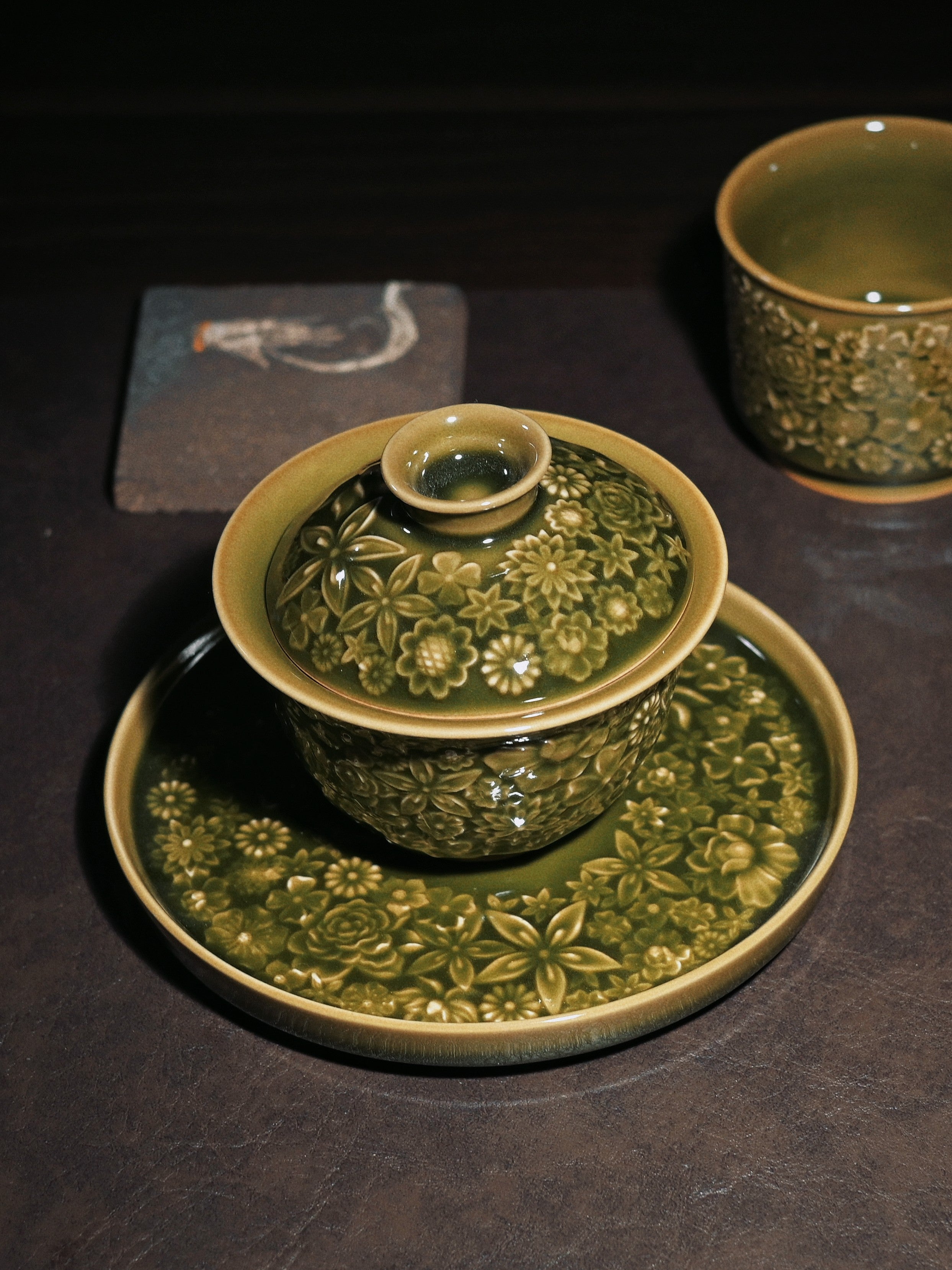 relief carving flowers pattern celadon tea – Longquan Celadon "Hundred Flowers" Relief-Carved Three-Piece by Kungfuyang