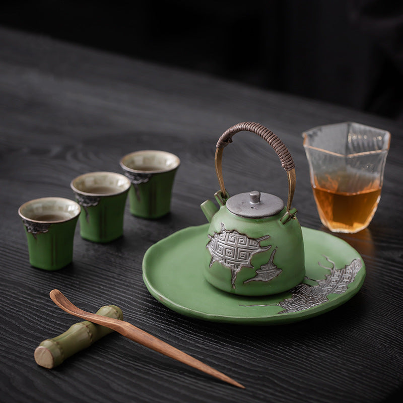 retro style green tea set – Vintage Coarse Pottery Teaware with Celadon Glaze by Kungfuyang