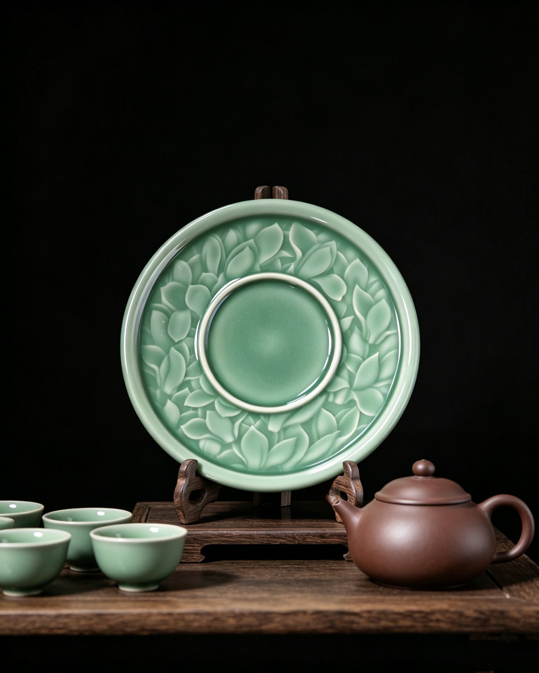 Kungfuyang celadon jade glaze celadon pot rest – Longquan Celadon Plum-Green Magnolia Teapot Tray by Kungfuyang