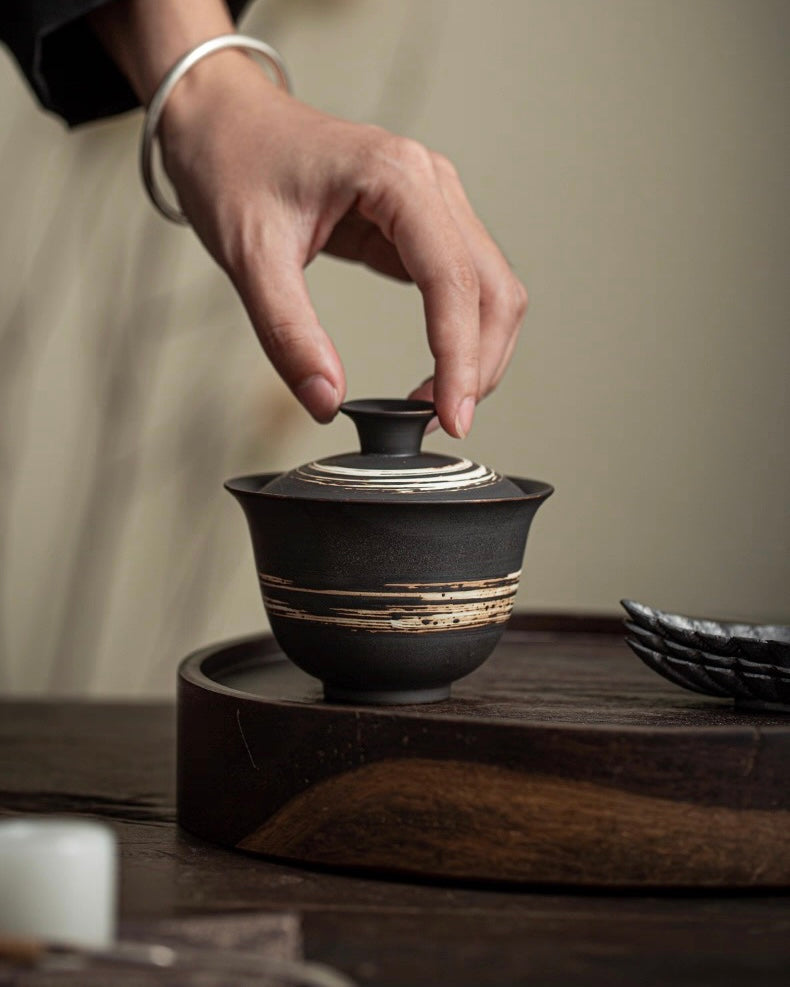 Kungfuyang unadorned tea utensils – Wabi-Sabi Handmade Black Clay Slipware Gaiwan by Kungfuyang