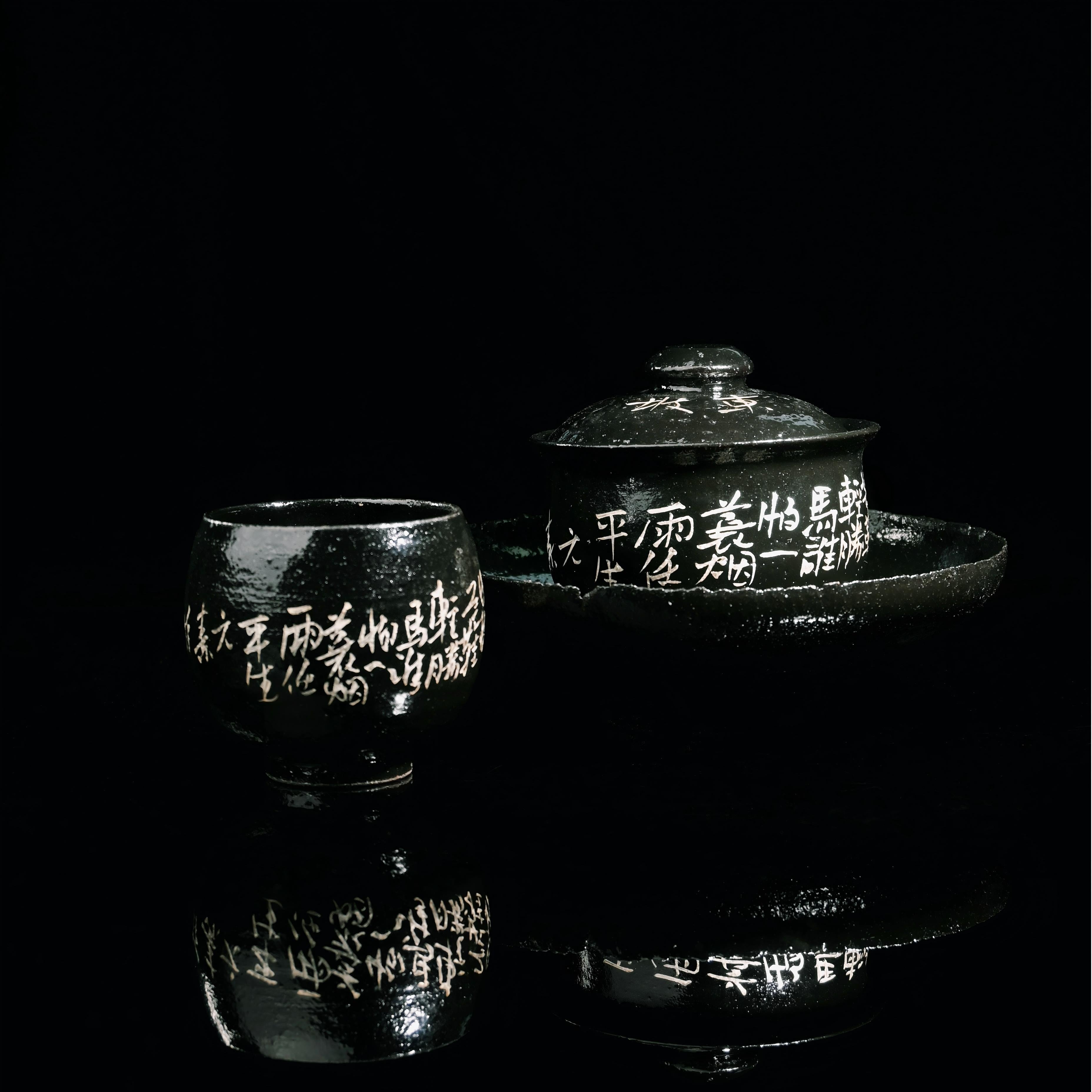 Kungfuyang wrecked design wabisabi ceramic tea – Wabi-Sabi Black Glaze Handmade Calligraphy Gaiwan Set by Kungfuyang